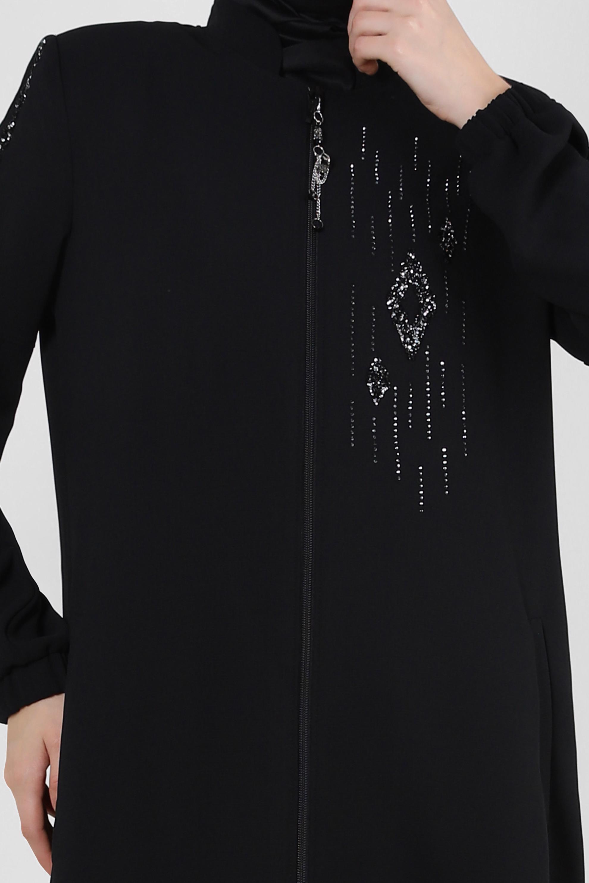 Tesettür giyim SİYAH TAŞ İŞLEMELİ CEPLİ FERMUARLI TRENÇKOT 10756