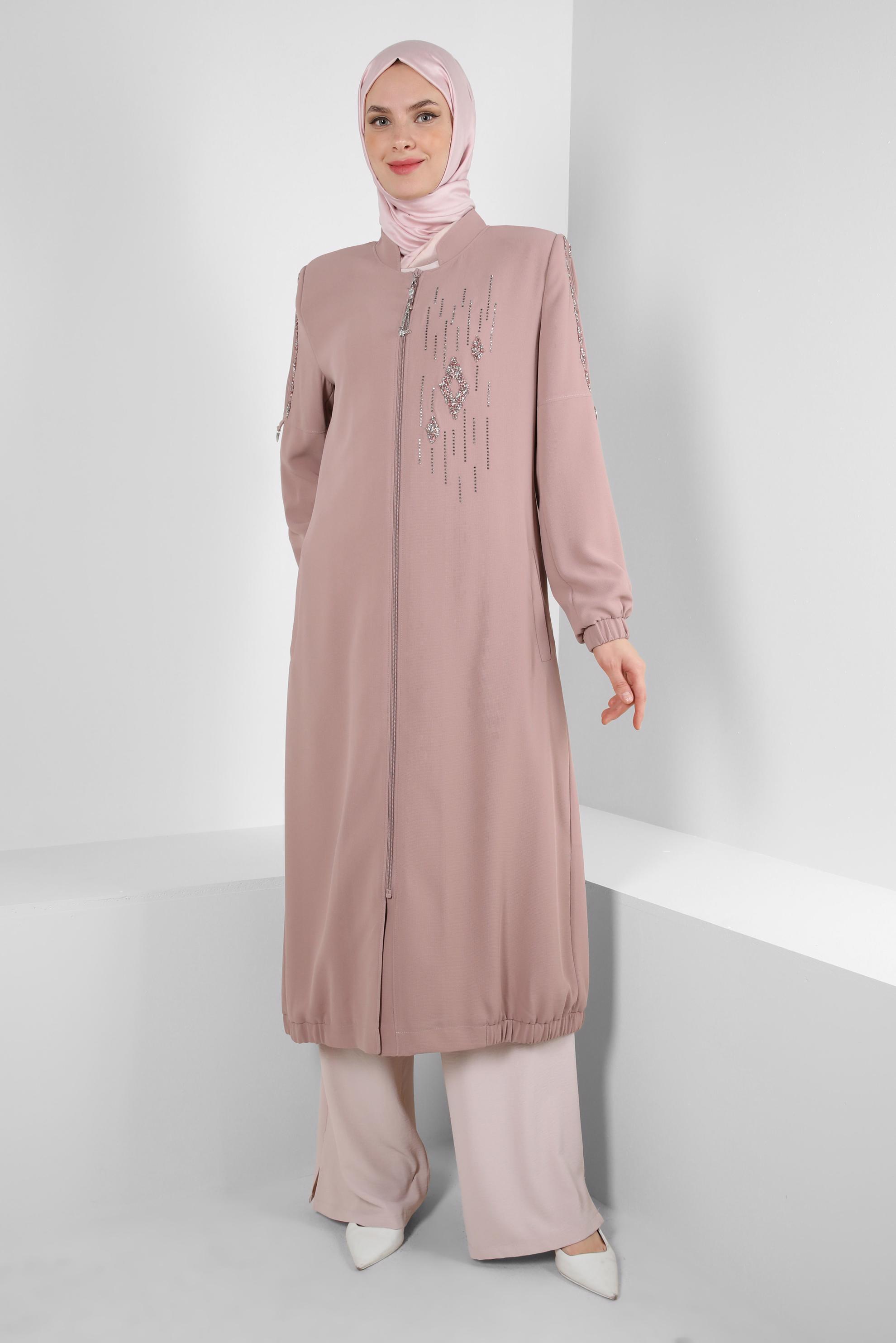 Tesettür giyim PUDRA TAŞ İŞLEMELİ CEPLİ FERMUARLI TRENÇKOT 10756