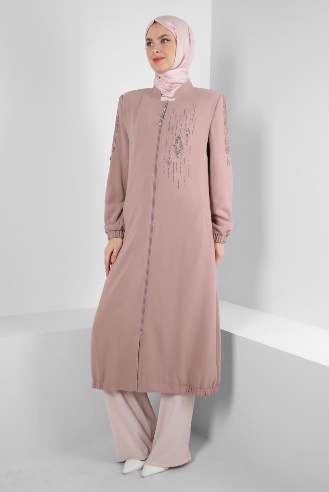 Tesettür giyim PUDRA TAŞ İŞLEMELİ CEPLİ FERMUARLI TRENÇKOT 10756 - ALVİNA