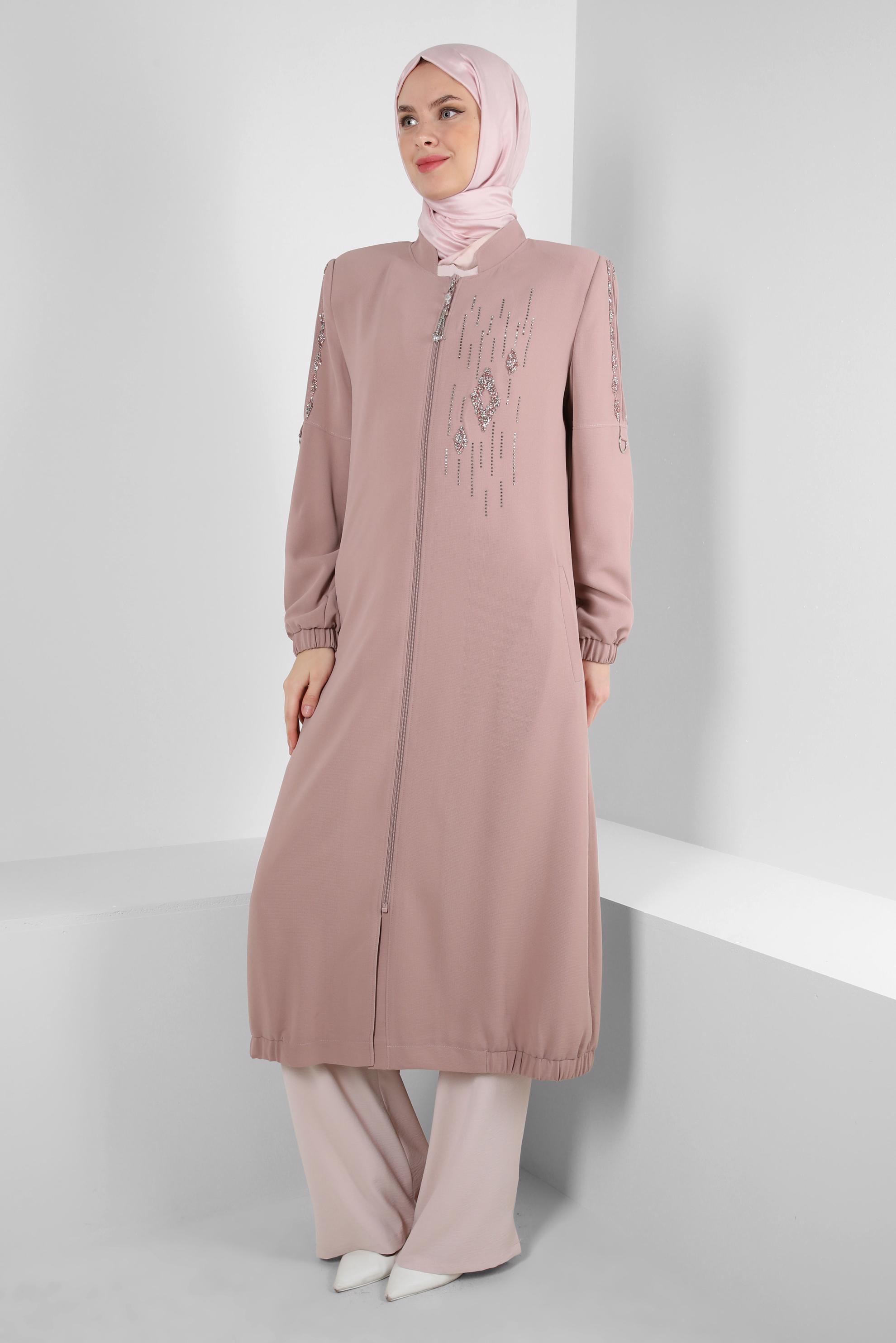 Tesettür giyim PUDRA TAŞ İŞLEMELİ CEPLİ FERMUARLI TRENÇKOT 10756