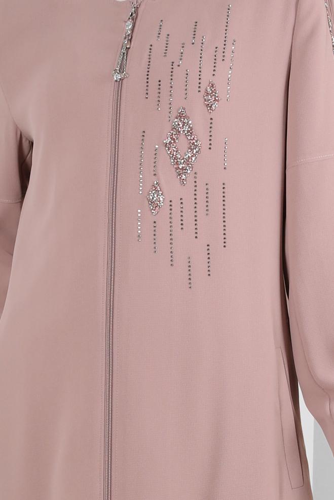 Tesettür giyim PUDRA TAŞ İŞLEMELİ CEPLİ FERMUARLI TRENÇKOT 10756 - ALVİNA