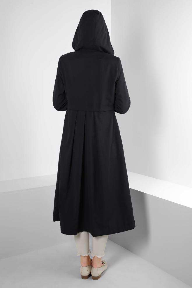 Tesettür giyim SİYAH KAPÜŞONLU EKOSE DETAYLI TRENÇKOT 10757 - ALVİNA