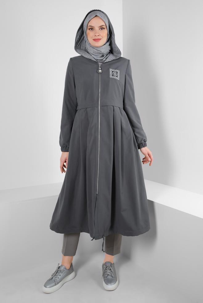 Tesettür giyim GRİ KAPÜŞONLU EKOSE DETAYLI TRENÇKOT 10757 - ALVİNA