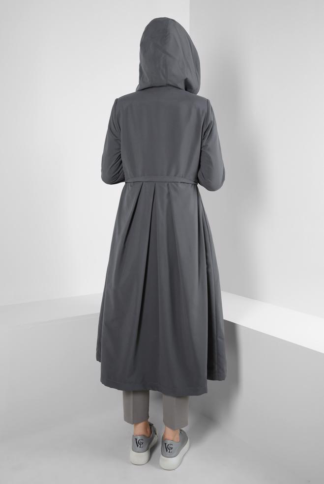 Tesettür giyim GRİ KAPÜŞONLU EKOSE DETAYLI TRENÇKOT 10757 - ALVİNA