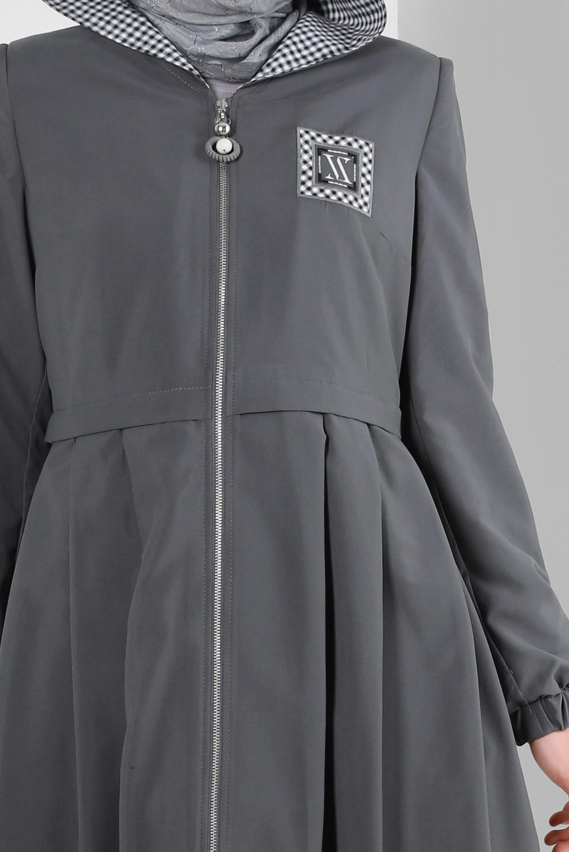 Tesettür giyim GRİ KAPÜŞONLU EKOSE DETAYLI TRENÇKOT 10757