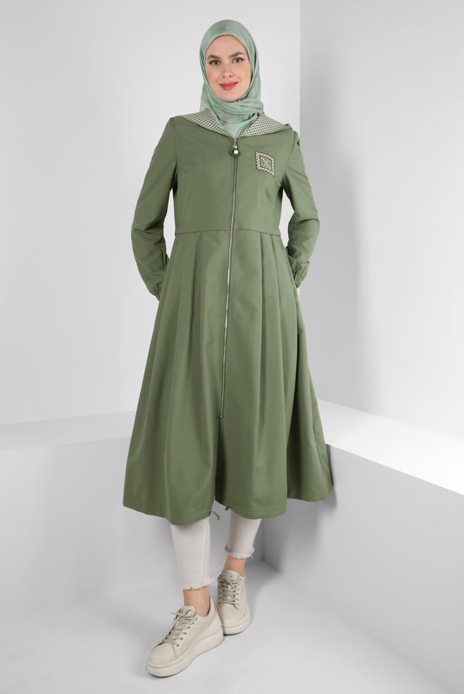 Tesettür giyim HAKİ KAPÜŞONLU EKOSE DETAYLI TRENÇKOT 10757 - ALVİNA