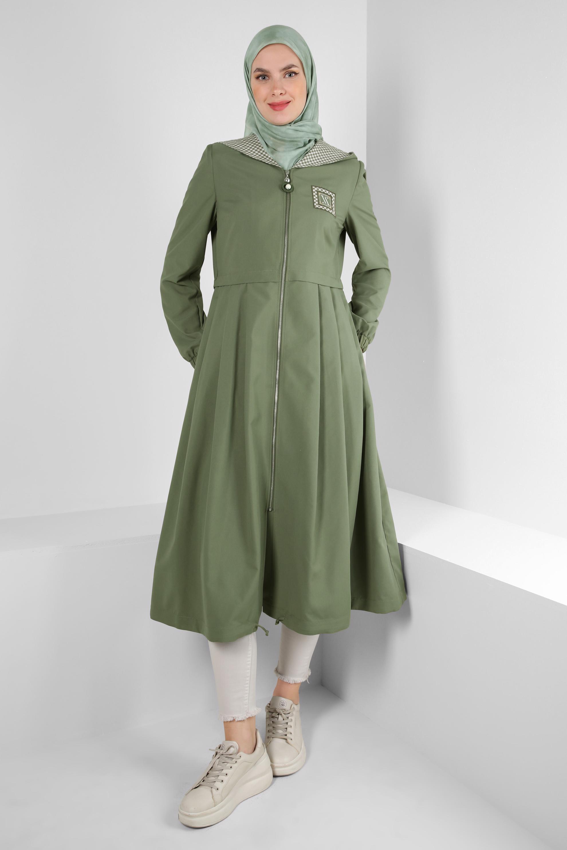 Tesettür giyim HAKİ KAPÜŞONLU EKOSE DETAYLI TRENÇKOT 10757