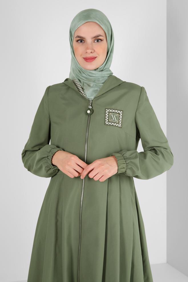 Tesettür giyim HAKİ KAPÜŞONLU EKOSE DETAYLI TRENÇKOT 10757 - ALVİNA