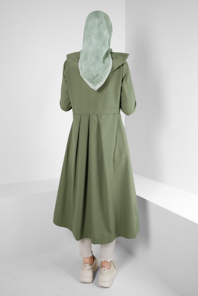 Tesettür giyim HAKİ KAPÜŞONLU EKOSE DETAYLI TRENÇKOT 10757 - ALVİNA