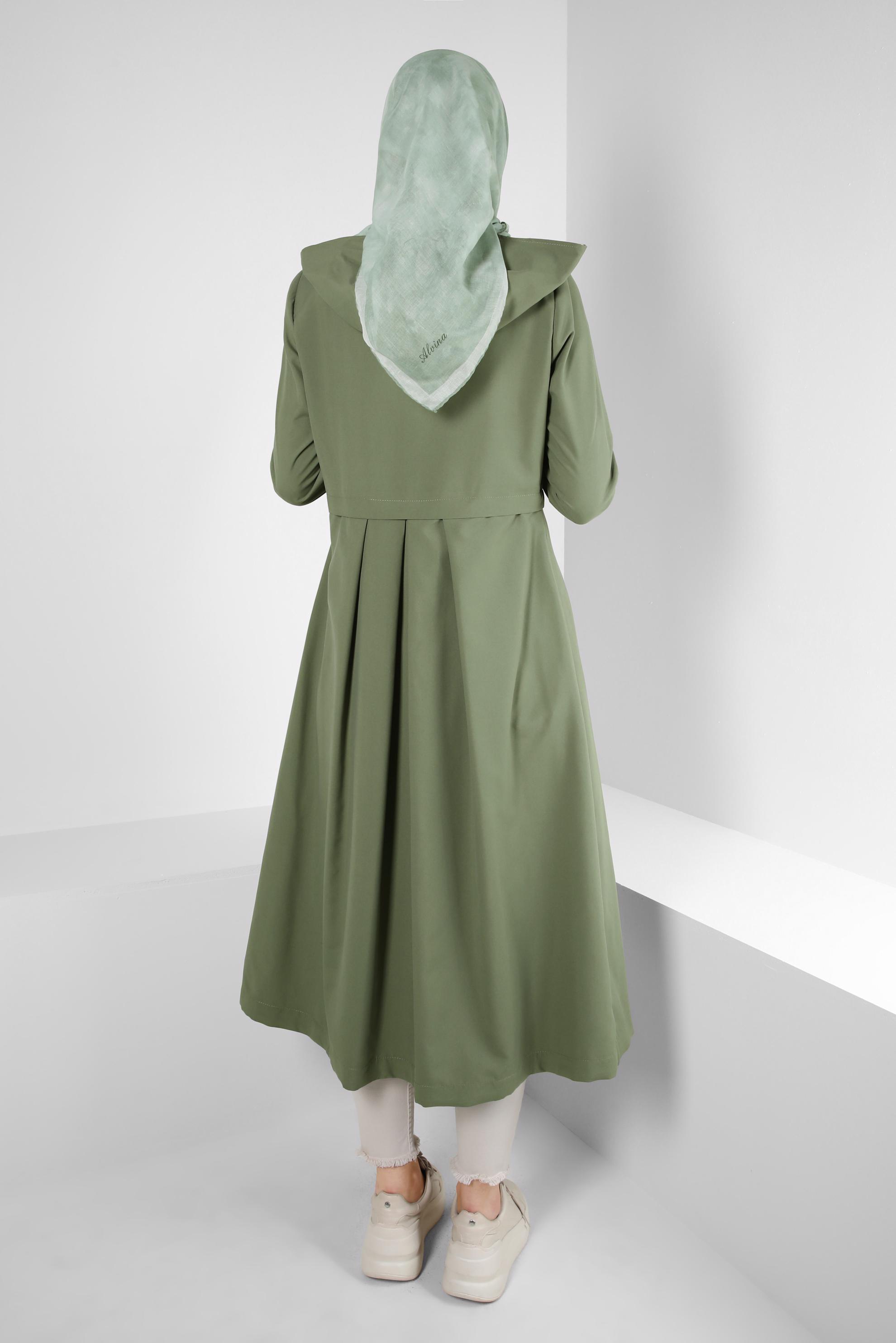 Tesettür giyim HAKİ KAPÜŞONLU EKOSE DETAYLI TRENÇKOT 10757