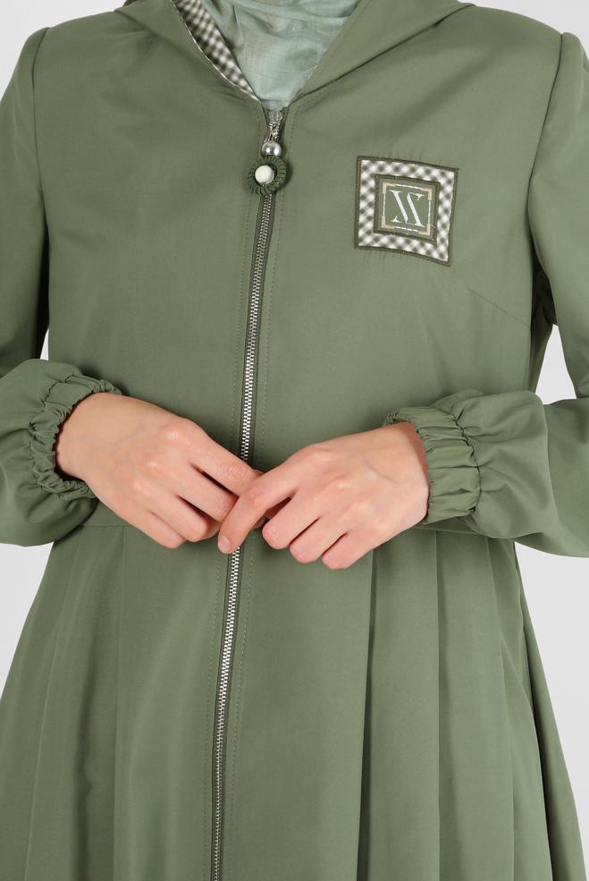 Tesettür giyim HAKİ KAPÜŞONLU EKOSE DETAYLI TRENÇKOT 10757 - ALVİNA