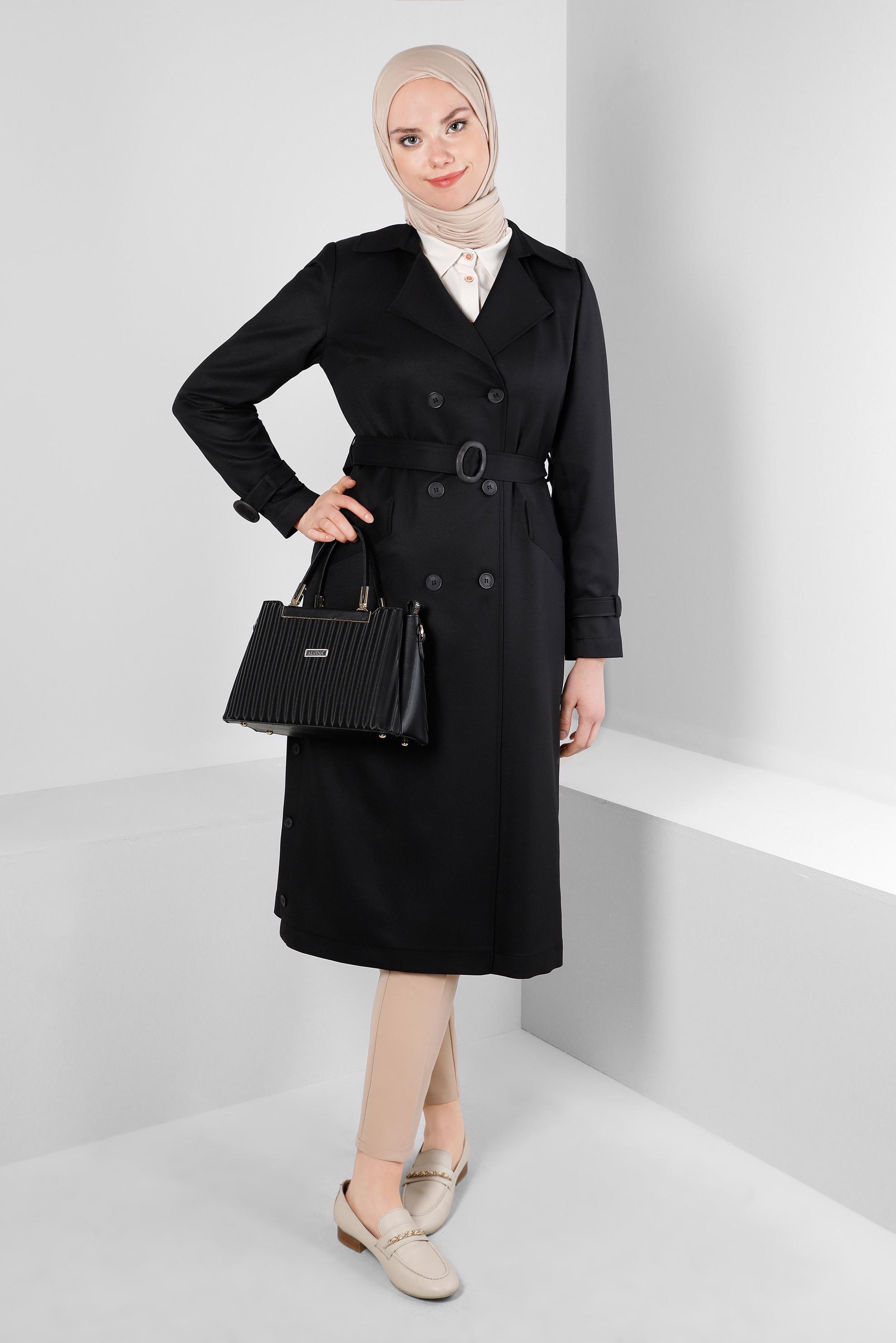Tesettür giyim SİYAH KRUVAZE YAKA KEMERLİ DÜĞMELİ TRENÇKOT 10758