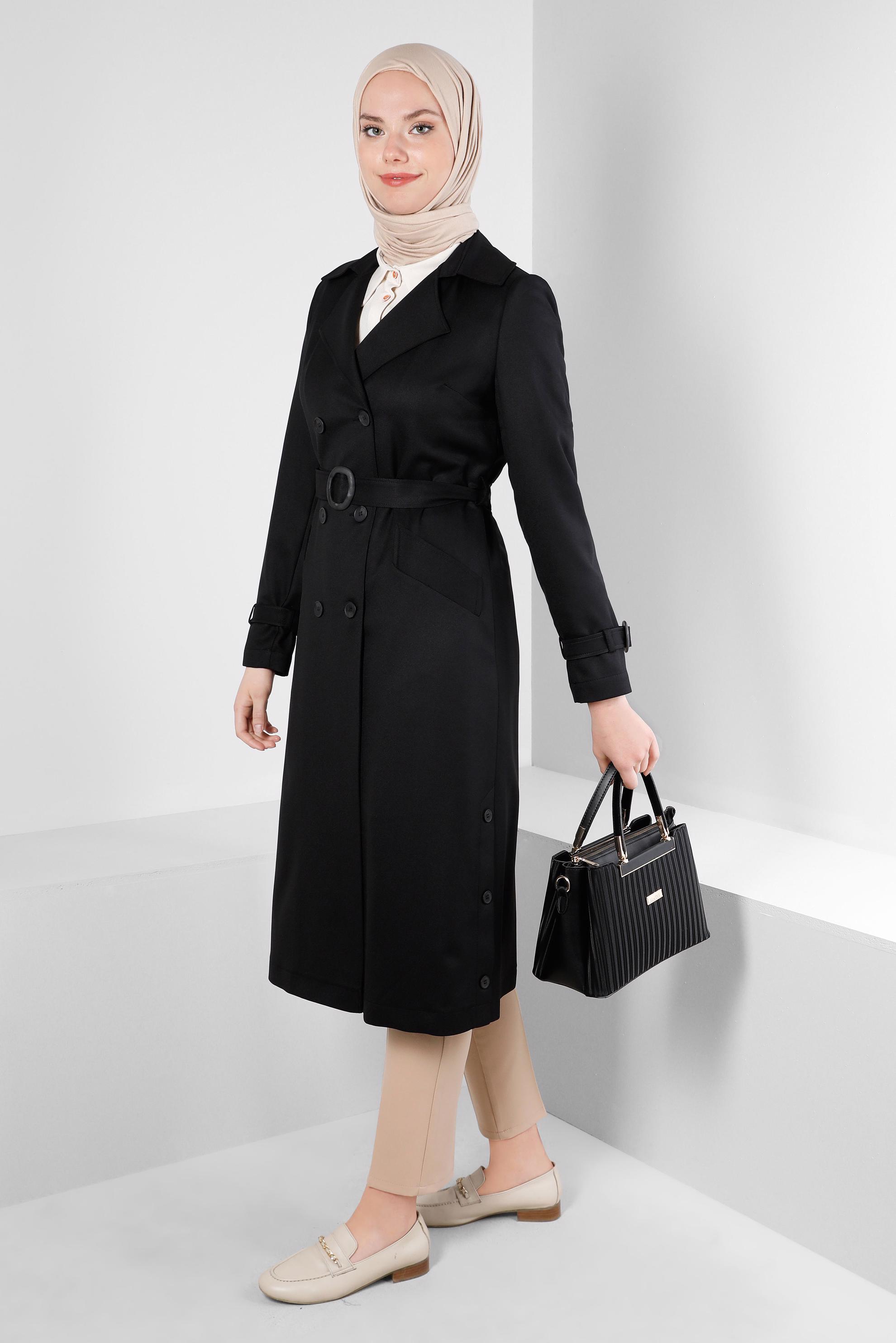 Tesettür giyim SİYAH KRUVAZE YAKA KEMERLİ DÜĞMELİ TRENÇKOT 10758