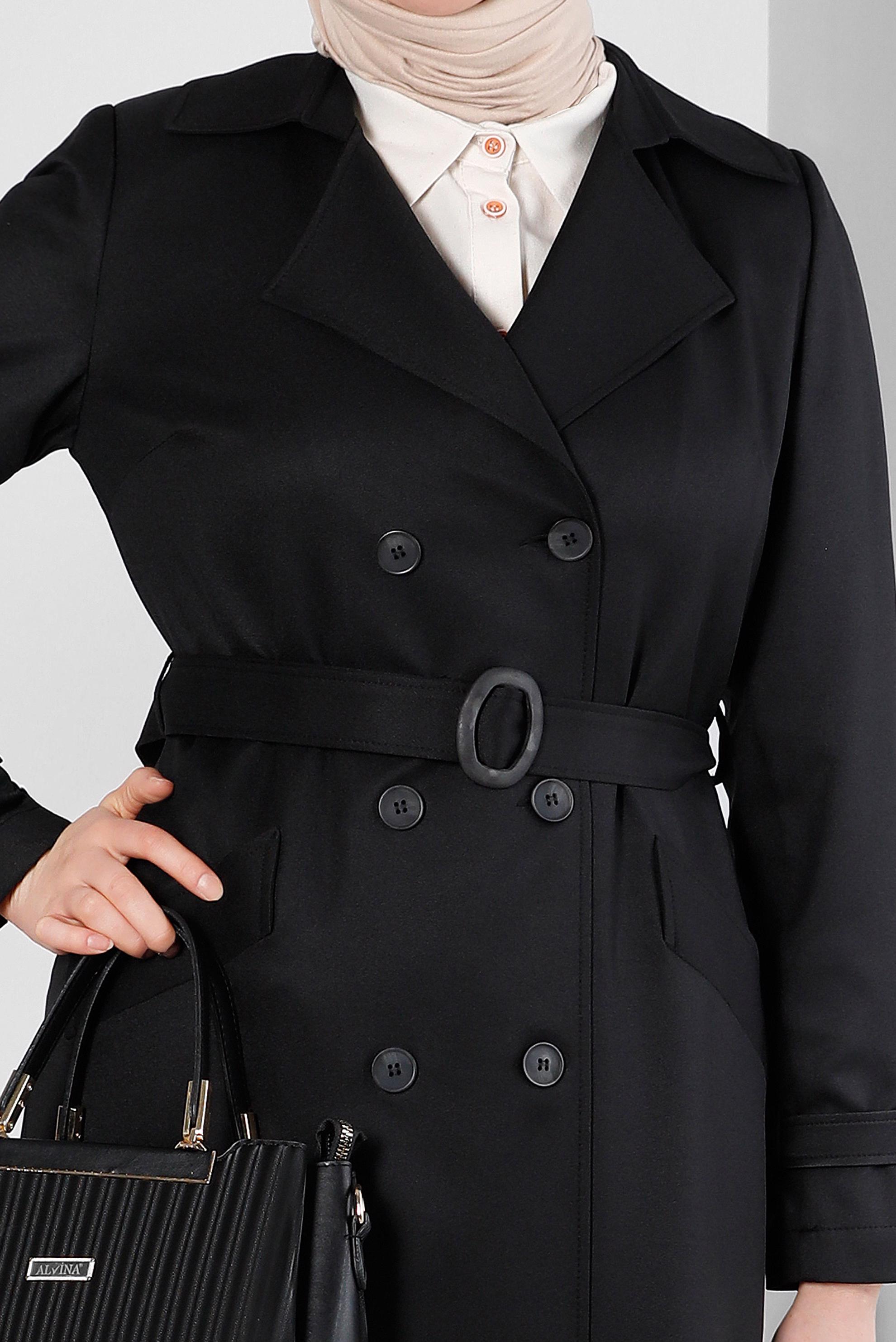 Tesettür giyim SİYAH KRUVAZE YAKA KEMERLİ DÜĞMELİ TRENÇKOT 10758