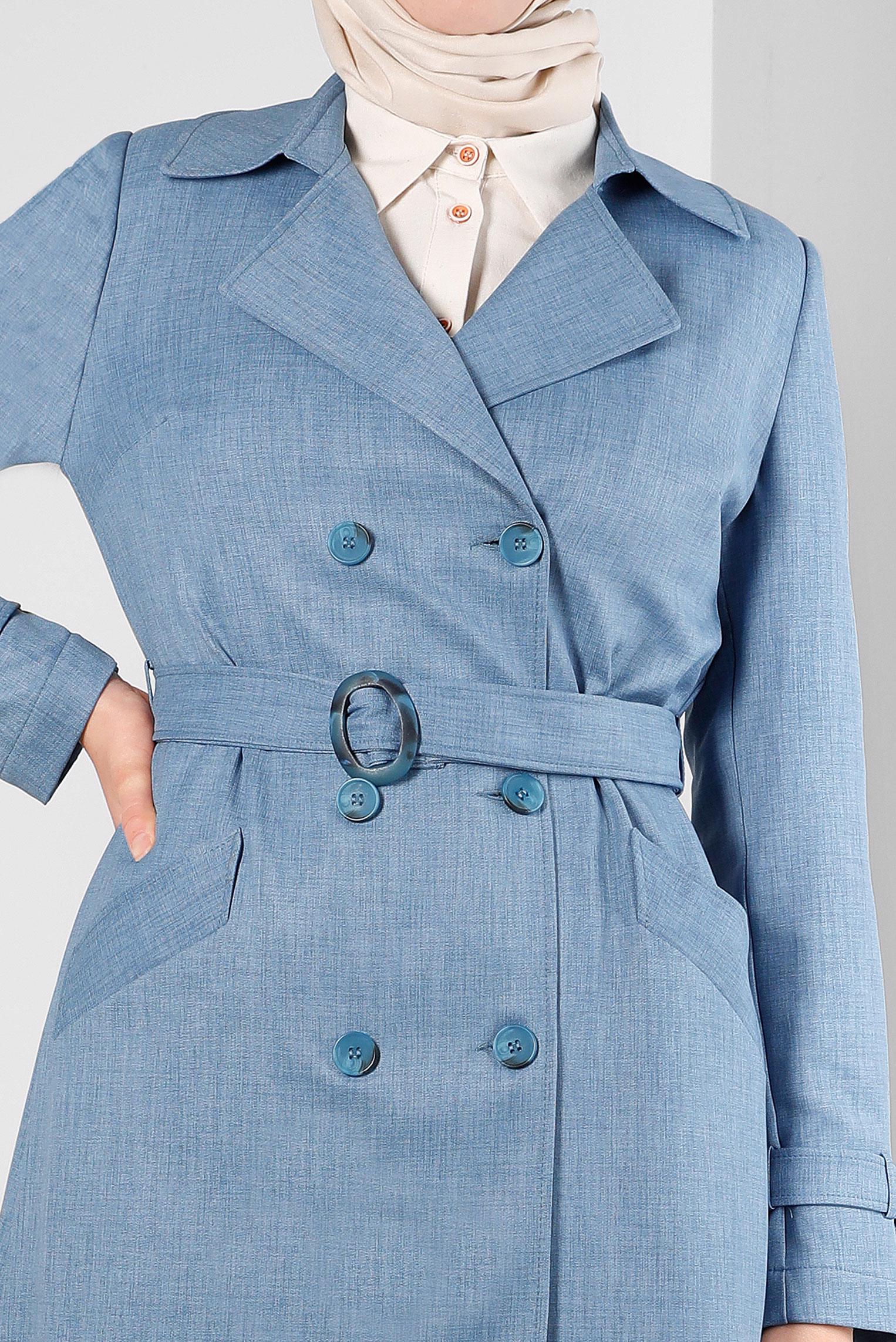 Tesettür giyim MAVİ KRUVAZE YAKA KEMERLİ DÜĞMELİ TRENÇKOT 10758