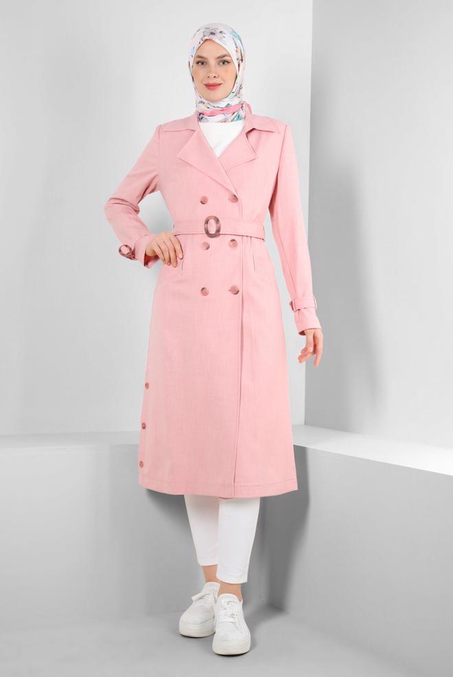 Tesettür giyim PUDRA KRUVAZE YAKA KEMERLİ DÜĞMELİ TRENÇKOT 10758 - ALVİNA