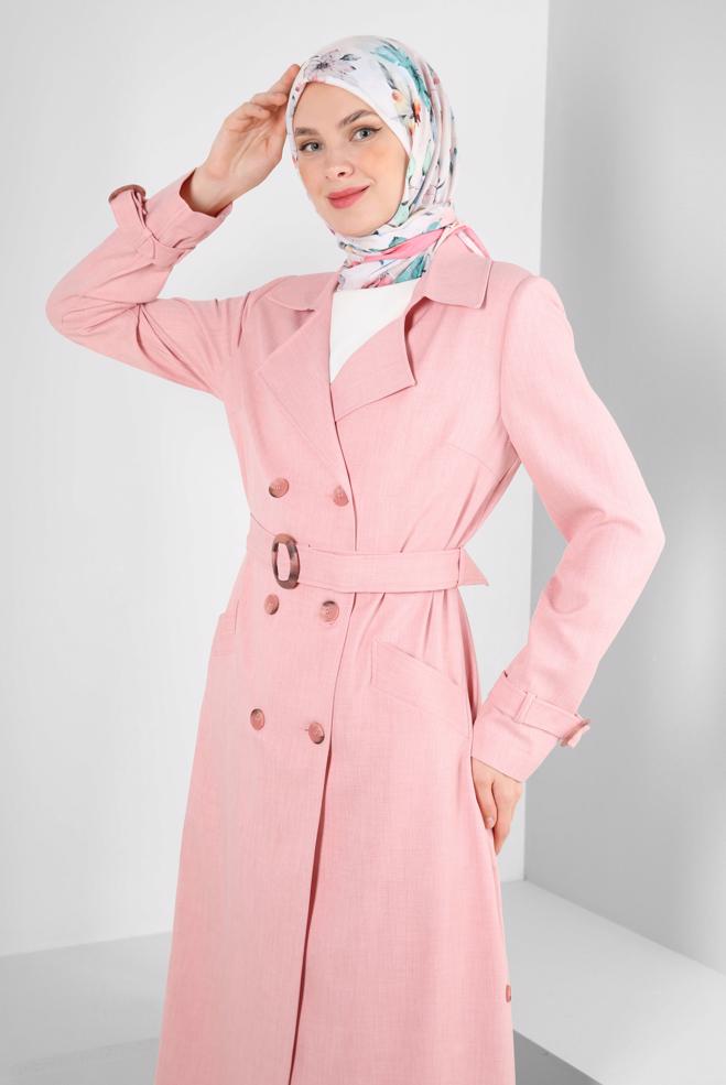 Tesettür giyim PUDRA KRUVAZE YAKA KEMERLİ DÜĞMELİ TRENÇKOT 10758 - ALVİNA