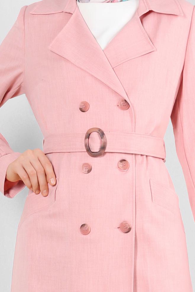 Tesettür giyim PUDRA KRUVAZE YAKA KEMERLİ DÜĞMELİ TRENÇKOT 10758 - ALVİNA