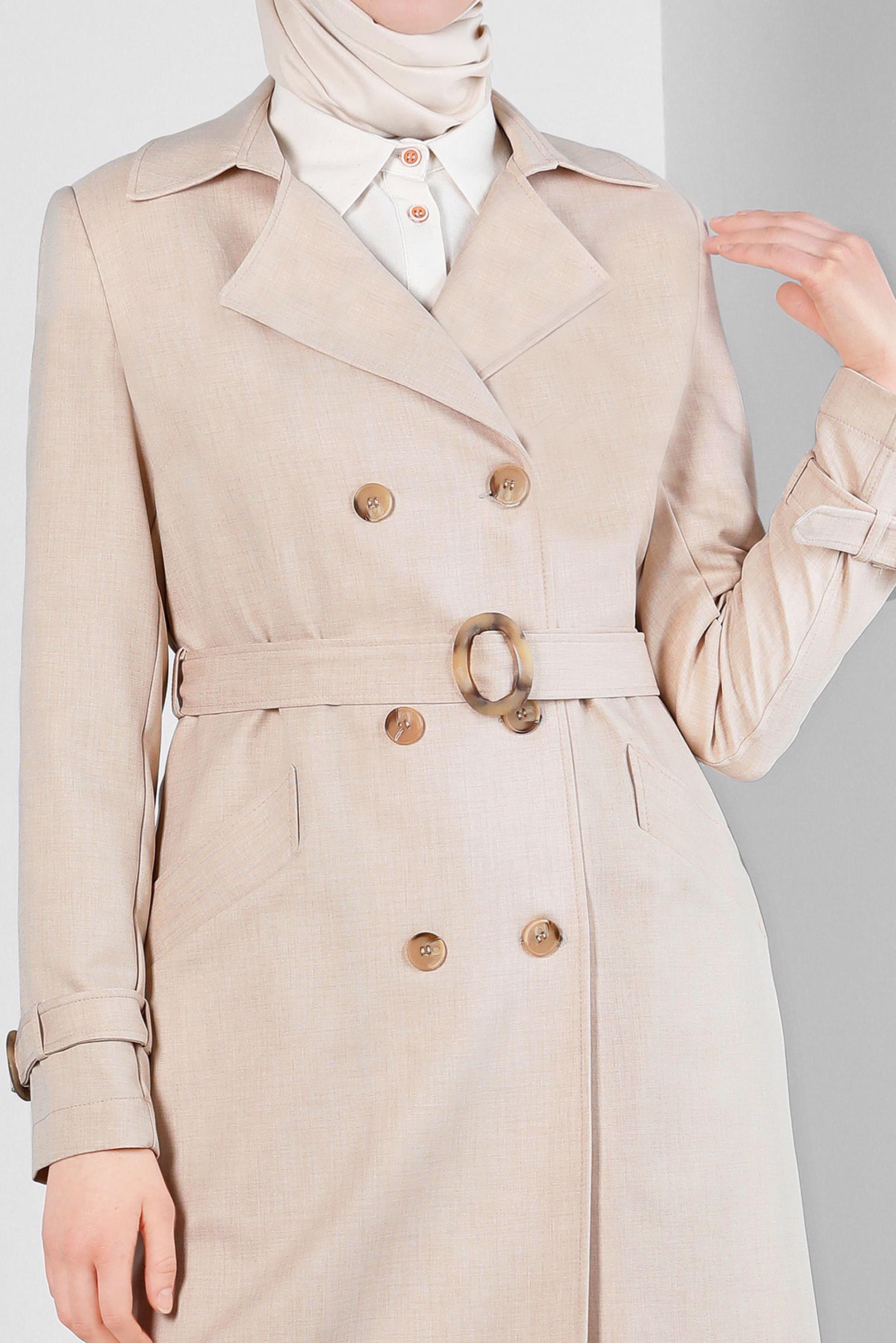 Tesettür giyim BEJ KRUVAZE YAKA KEMERLİ DÜĞMELİ TRENÇKOT 10758