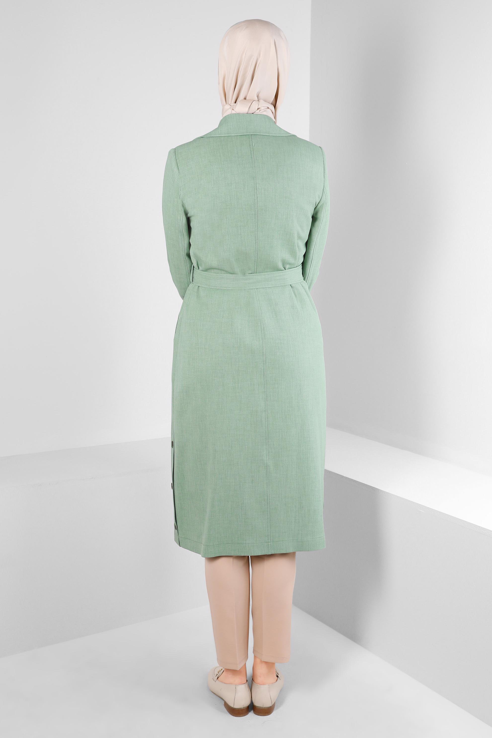 Tesettür giyim YEŞİL KRUVAZE YAKA KEMERLİ DÜĞMELİ TRENÇKOT 10758