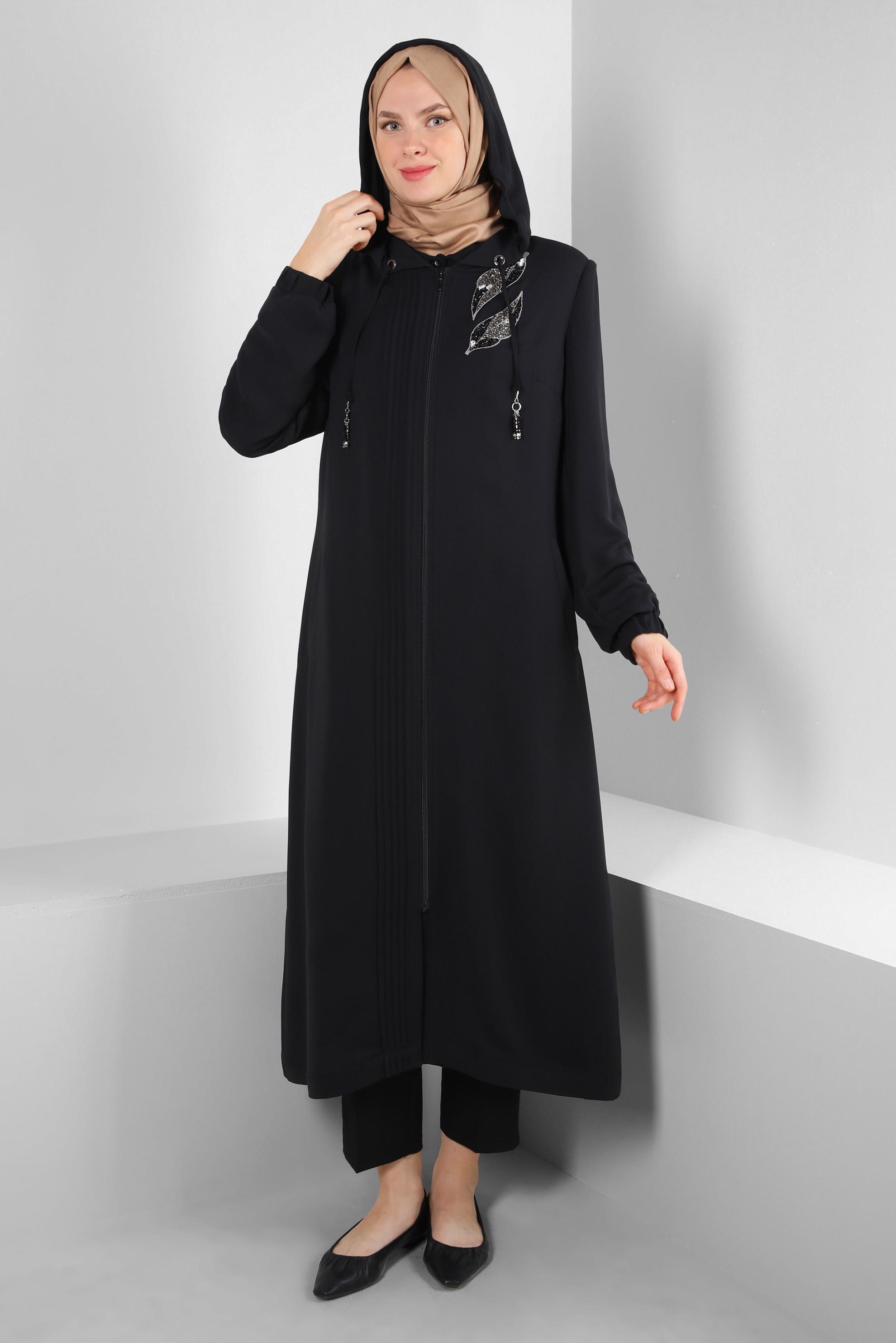 Hijab clothing BLACK HOODED TRENCH COAT WITH GEM EMBROIDERED 10760