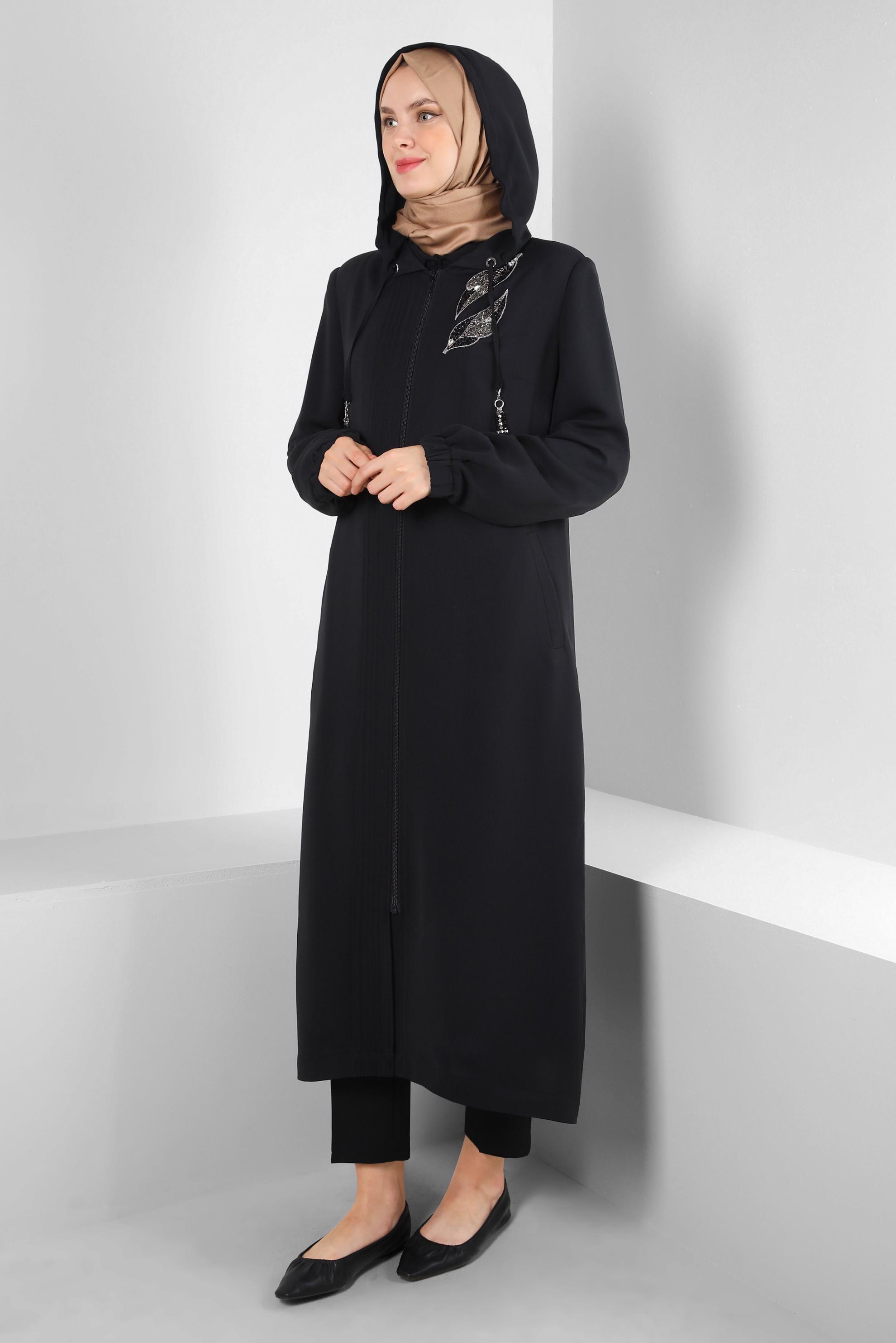 Hijab clothing BLACK HOODED TRENCH COAT WITH GEM EMBROIDERED 10760
