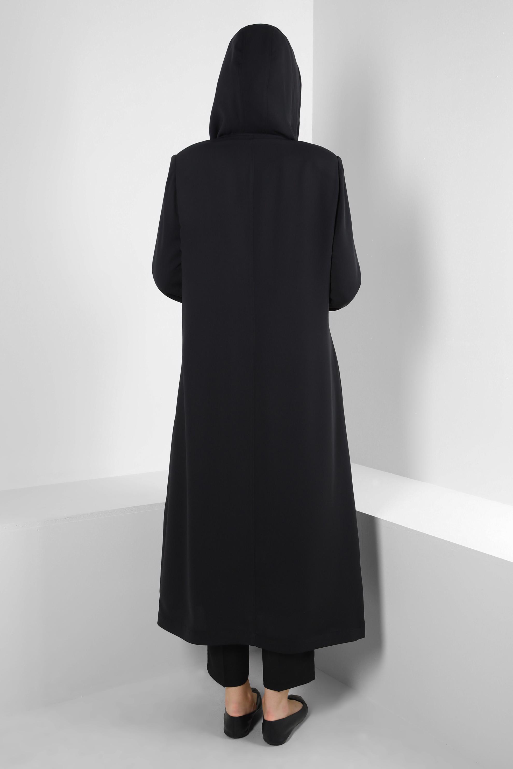 Hijab clothing BLACK HOODED TRENCH COAT WITH GEM EMBROIDERED 10760