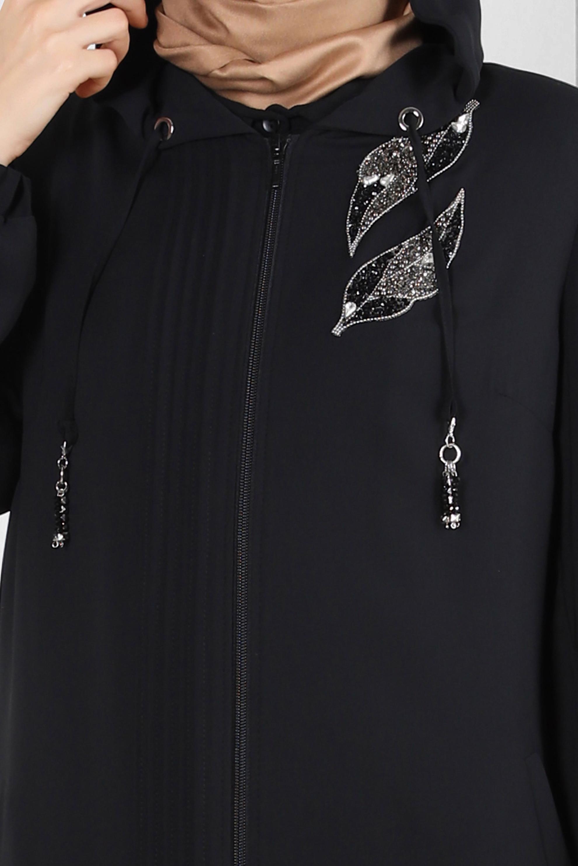 Hijab clothing BLACK HOODED TRENCH COAT WITH GEM EMBROIDERED 10760