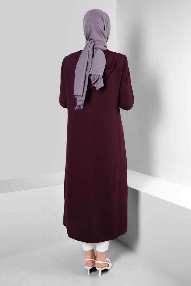 Tesettür giyim BORDO KAPÜŞONLU TAŞ BASKILI TRENÇKOT 10760 - ALVİNA