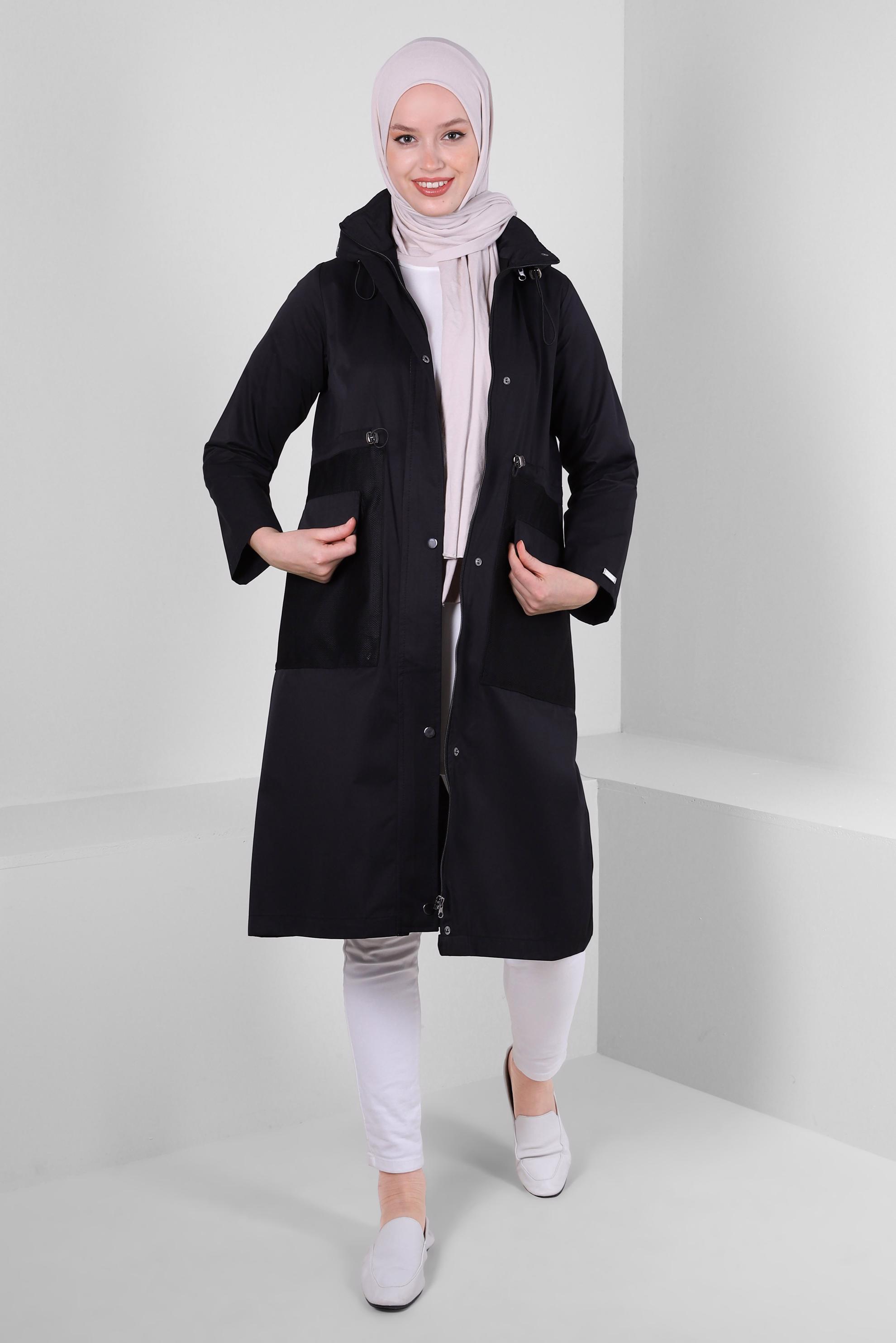 Tesettür giyim SİYAH KAPÜŞONLU BELİ LASTİK İP DETAYLI TRENÇKOT 10762