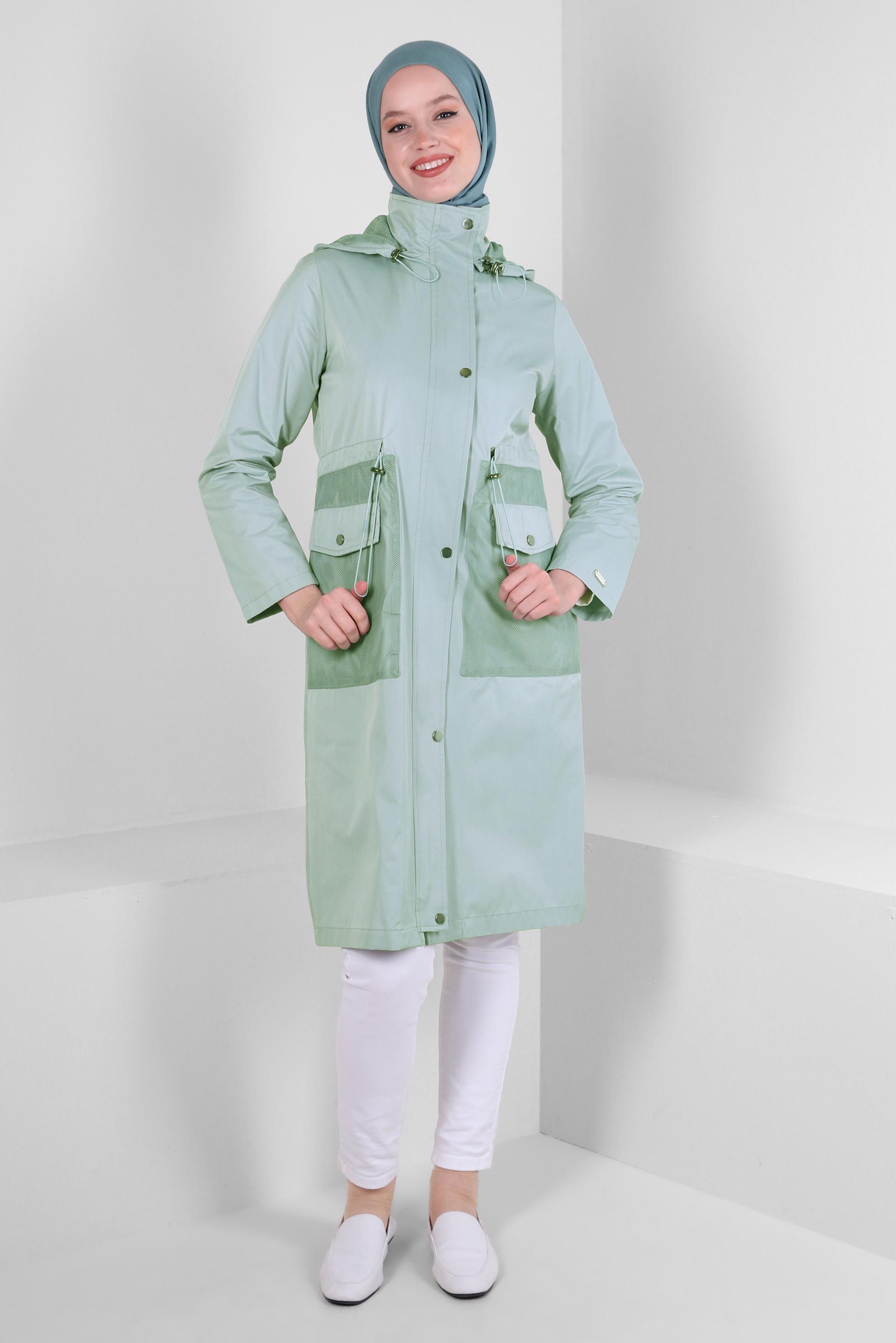 Tesettür giyim MAVİ KAPÜŞONLU BELİ LASTİK İP DETAYLI TRENÇKOT 10762