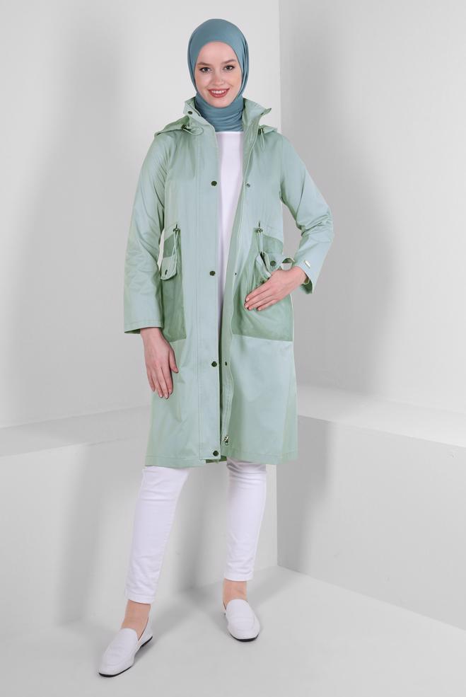 Tesettür giyim MAVİ KAPÜŞONLU BELİ LASTİK İP DETAYLI TRENÇKOT 10762 - ALVİNA