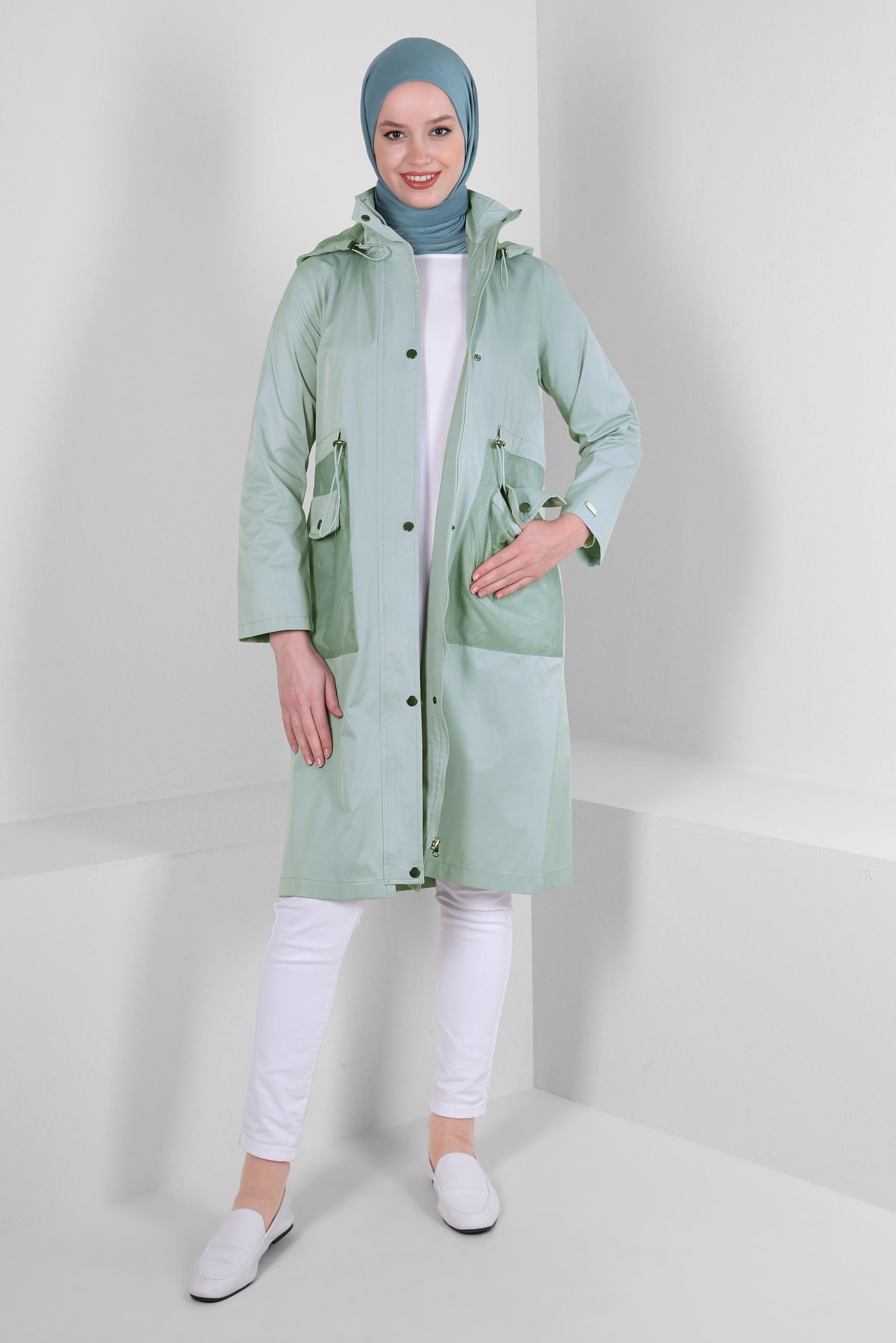 Tesettür giyim MAVİ KAPÜŞONLU BELİ LASTİK İP DETAYLI TRENÇKOT 10762