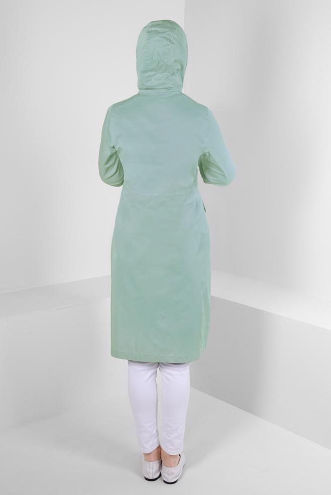 Tesettür giyim MAVİ KAPÜŞONLU BELİ LASTİK İP DETAYLI TRENÇKOT 10762 - ALVİNA