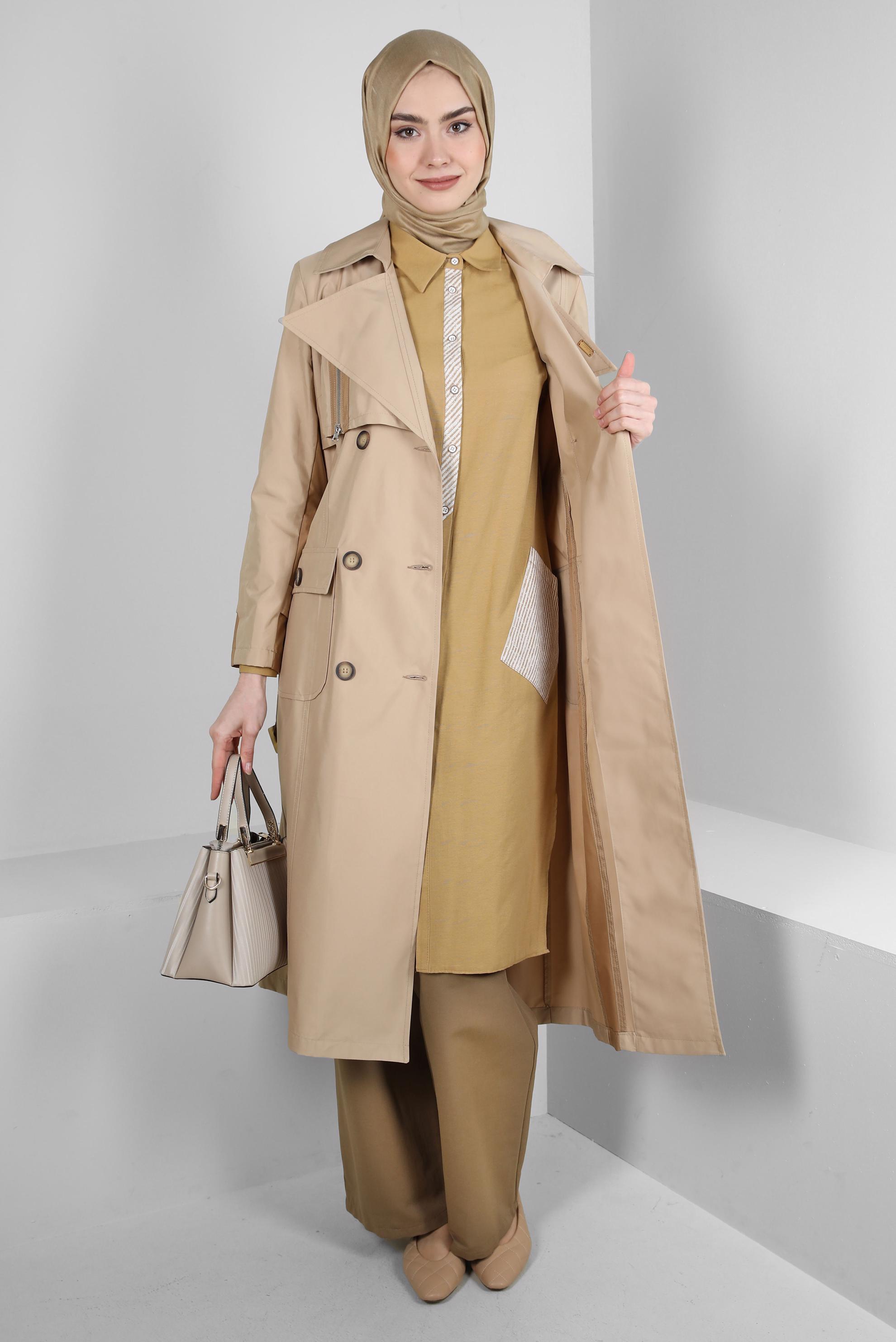Tesettür giyim BEJ BANTLI DÜĞMELİ TRENÇKOT 10763
