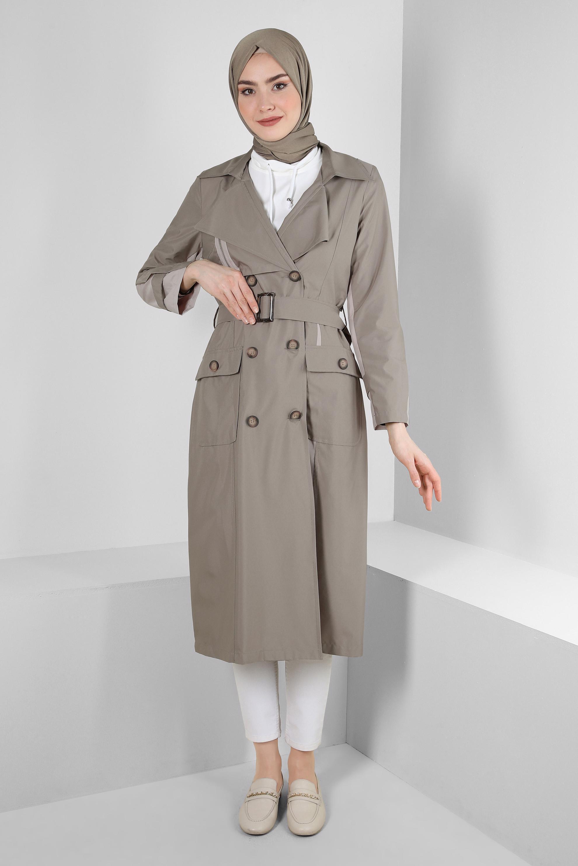 Tesettür giyim HAKİ BANTLI DÜĞMELİ TRENÇKOT 10763