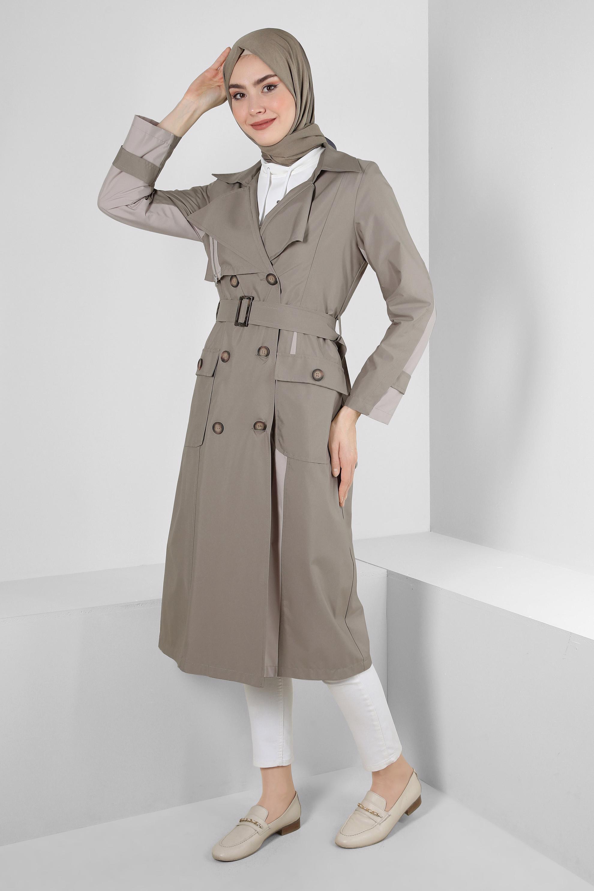 Tesettür giyim HAKİ BANTLI DÜĞMELİ TRENÇKOT 10763