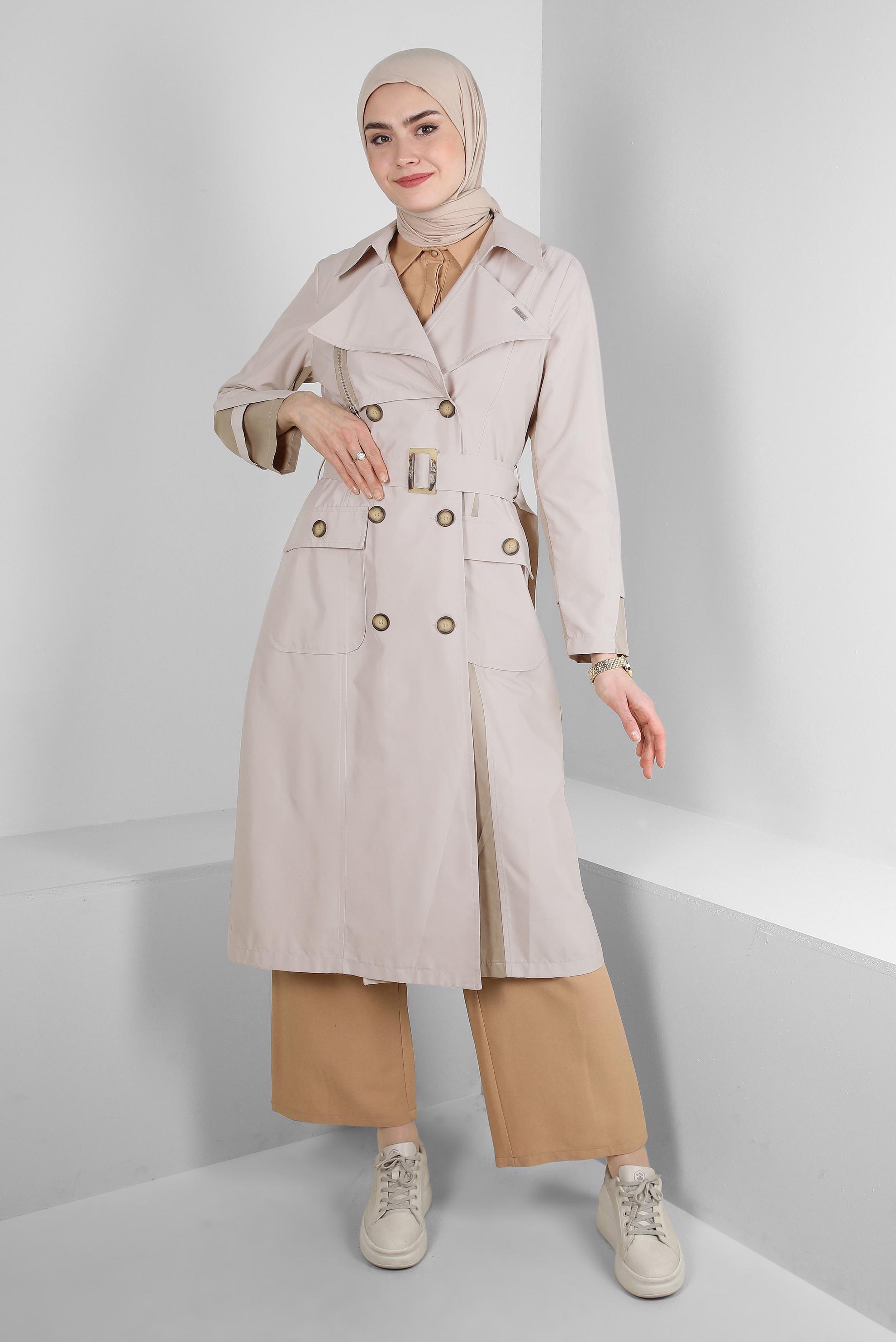 Tesettür giyim BEJ BANTLI DÜĞMELİ TRENÇKOT 10763