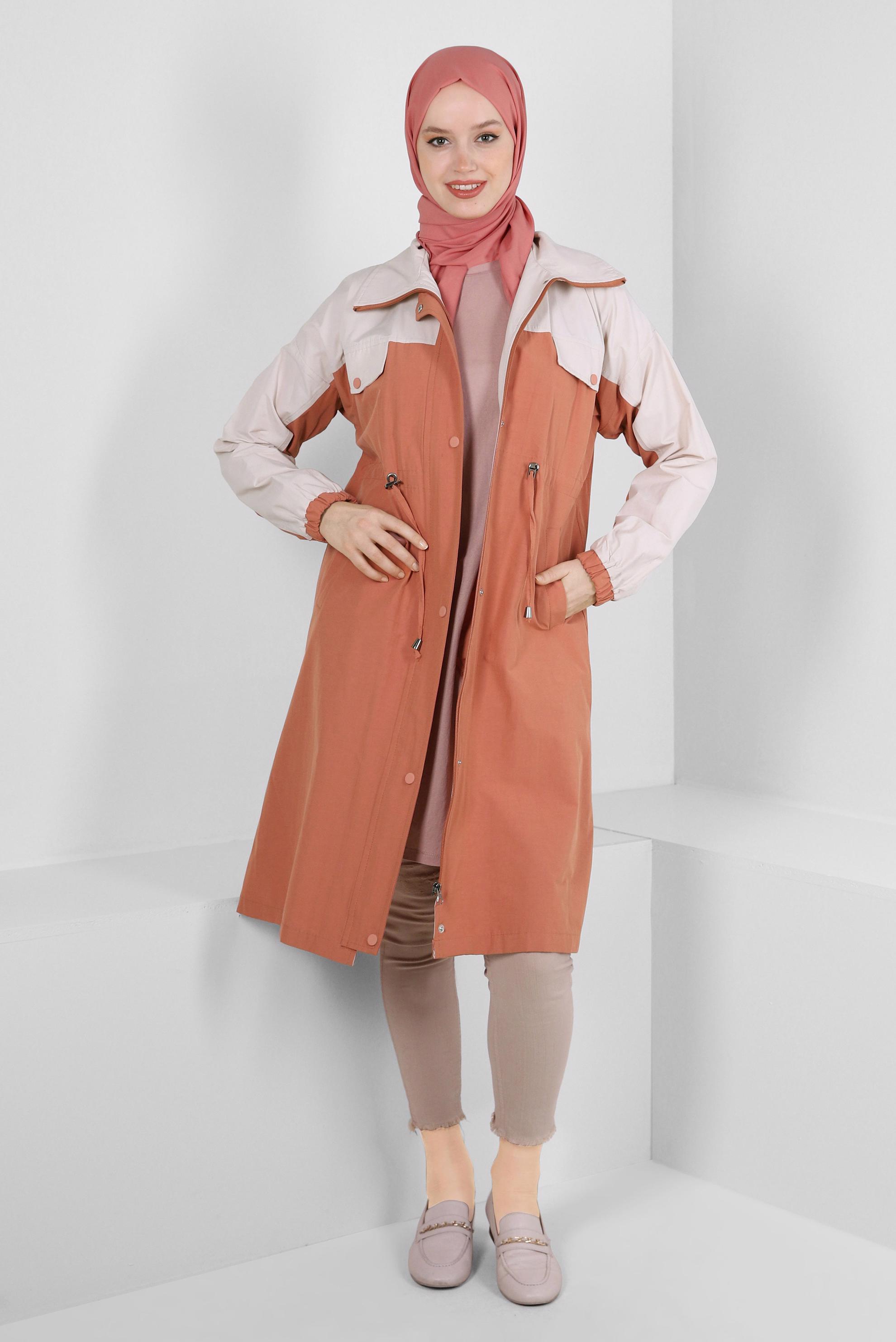 Tesettür giyim TURUNCU İKİ RENKLİ BELİ BÜZGÜLÜ TRENÇKOT 10764