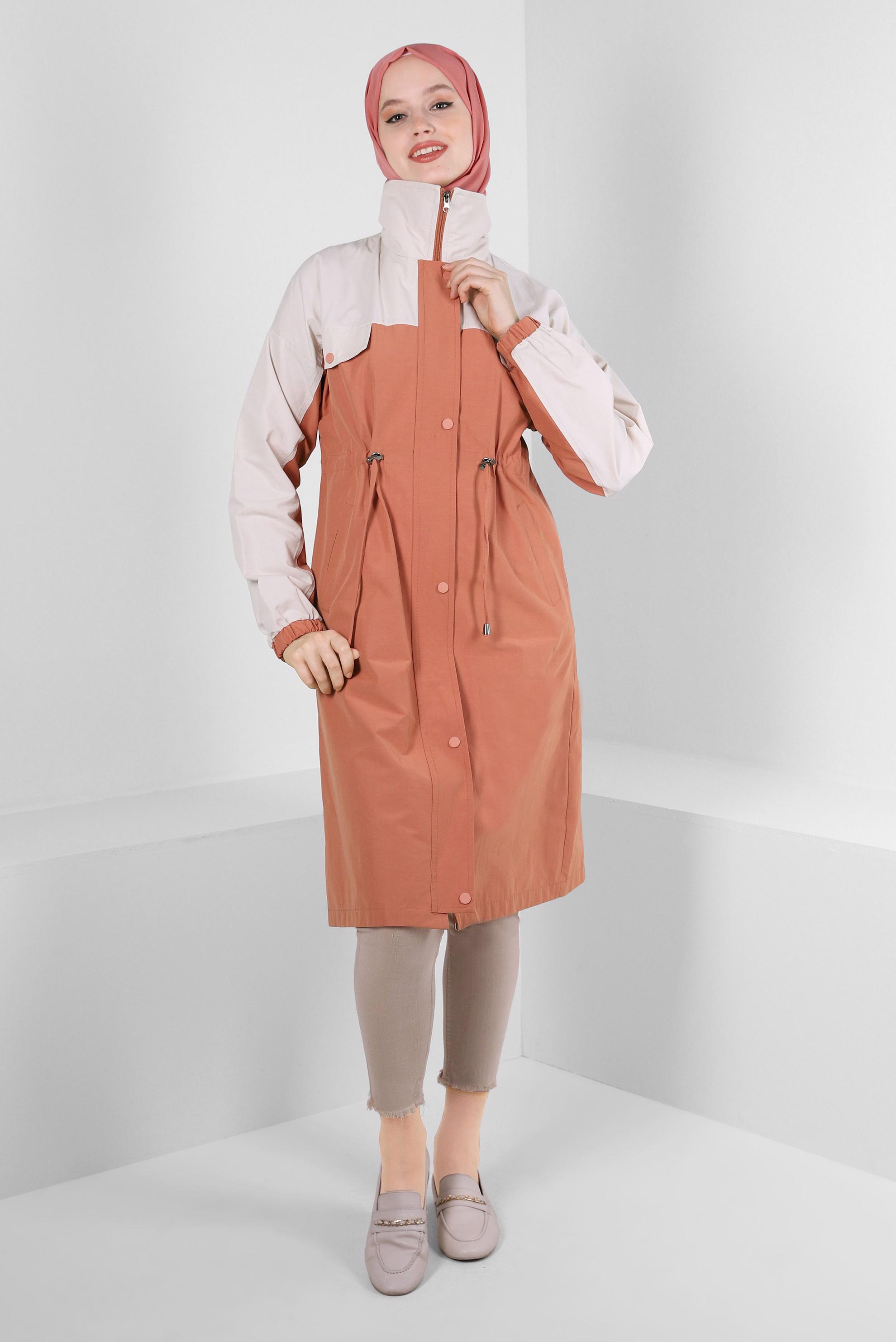 Tesettür giyim TURUNCU İKİ RENKLİ BELİ BÜZGÜLÜ TRENÇKOT 10764