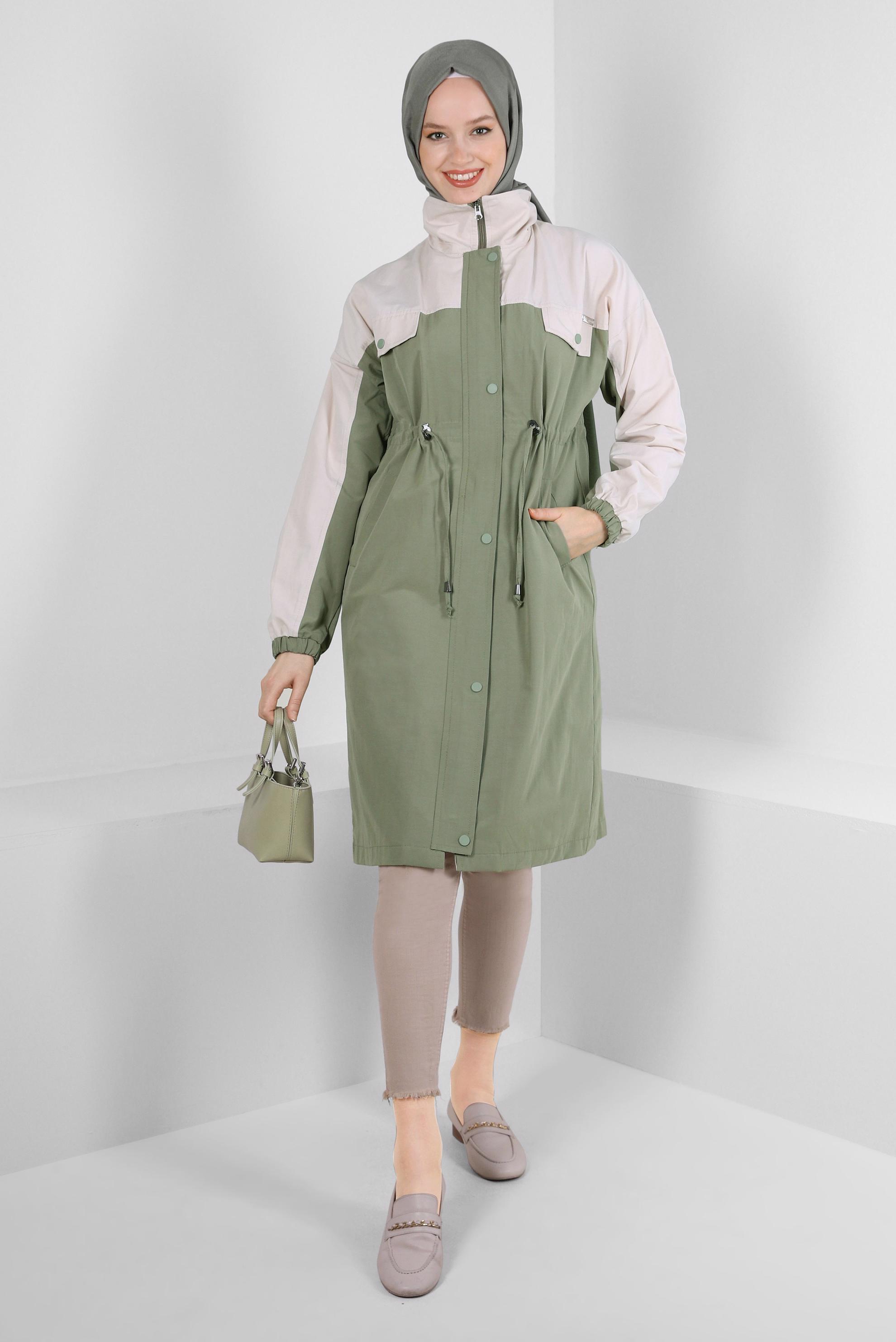 Tesettür giyim HAKİ İKİ RENKLİ BELİ BÜZGÜLÜ TRENÇKOT 10764