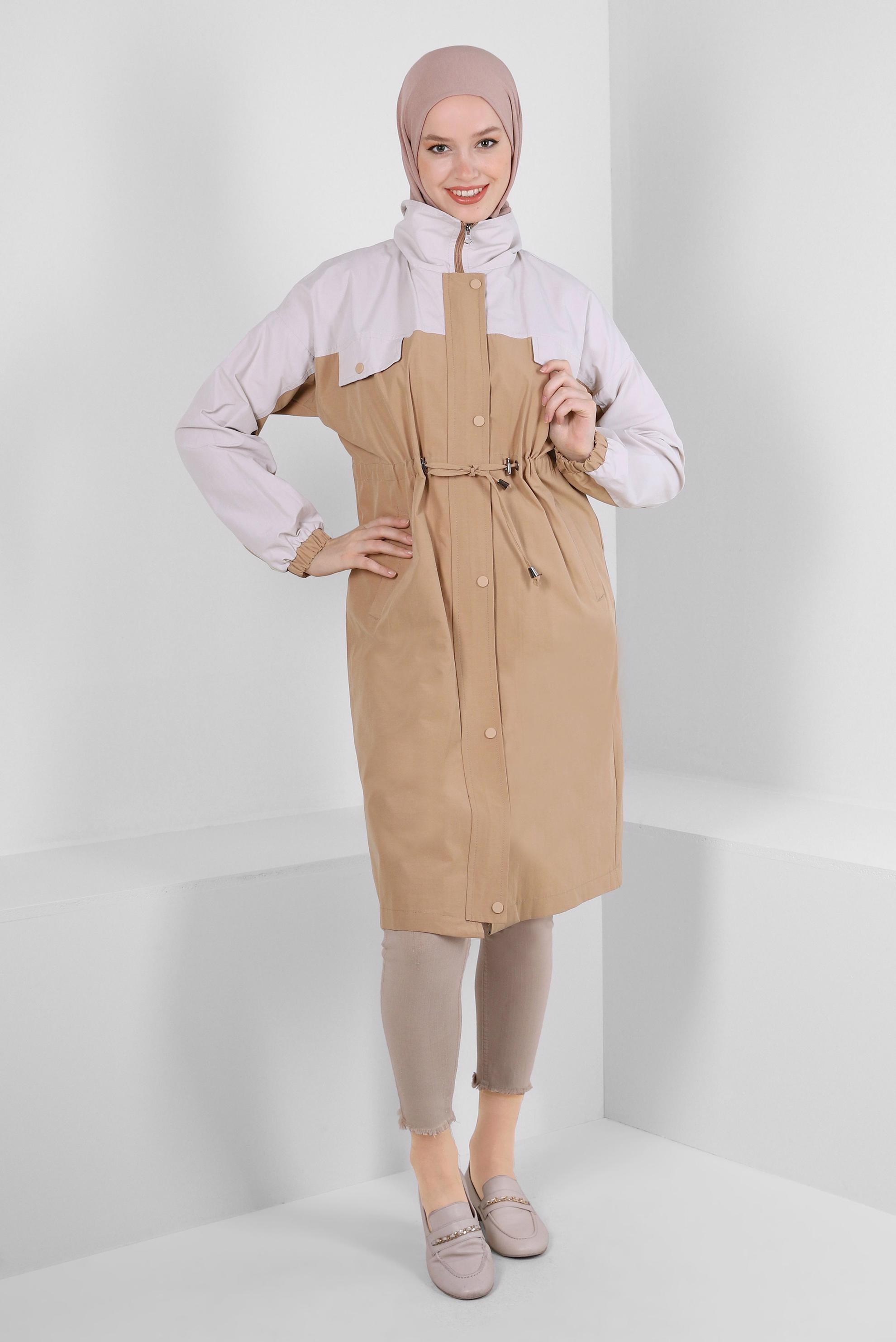 Tesettür giyim KAHVE İKİ RENKLİ BELİ BÜZGÜLÜ TRENÇKOT 10764