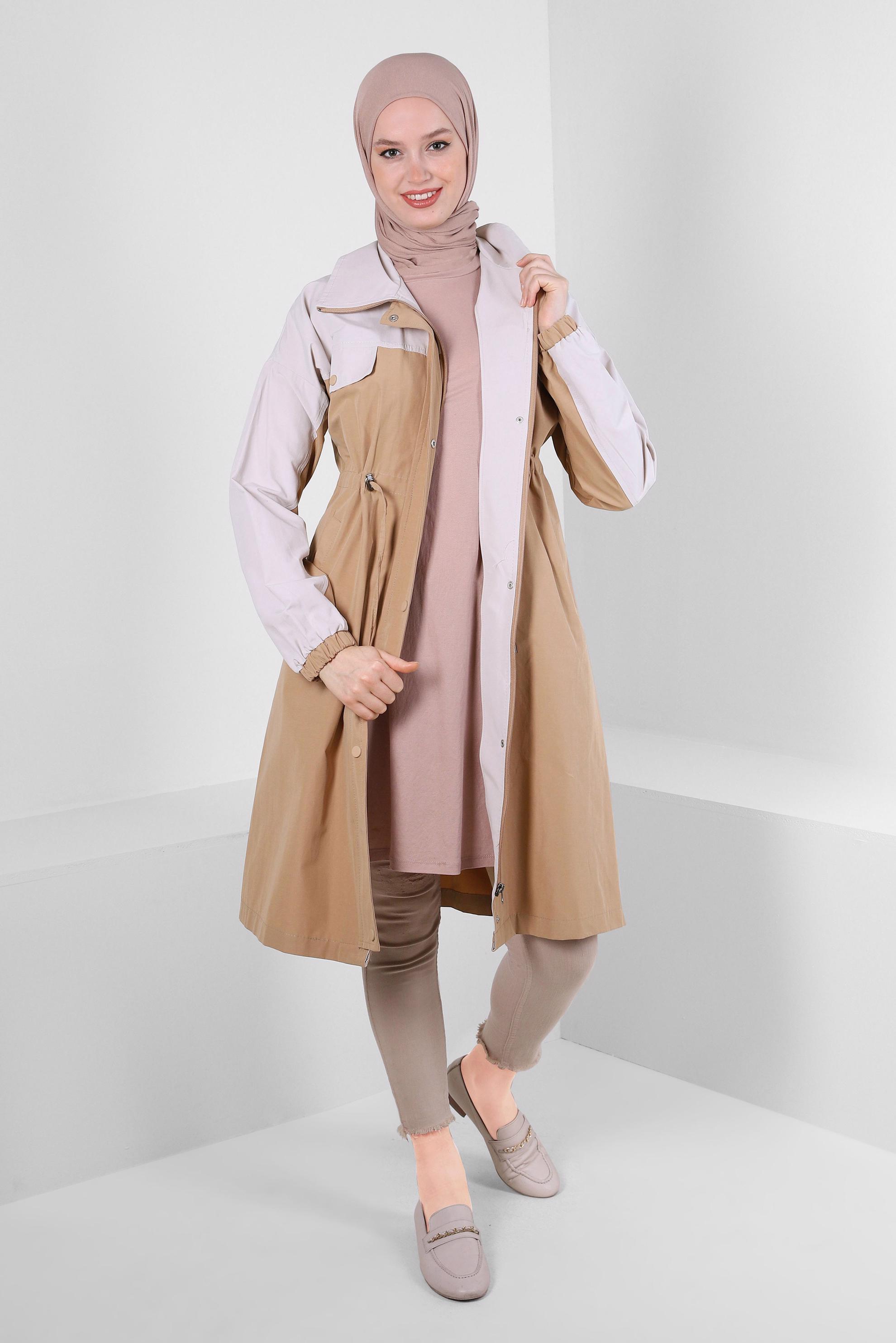 Tesettür giyim KAHVE İKİ RENKLİ BELİ BÜZGÜLÜ TRENÇKOT 10764