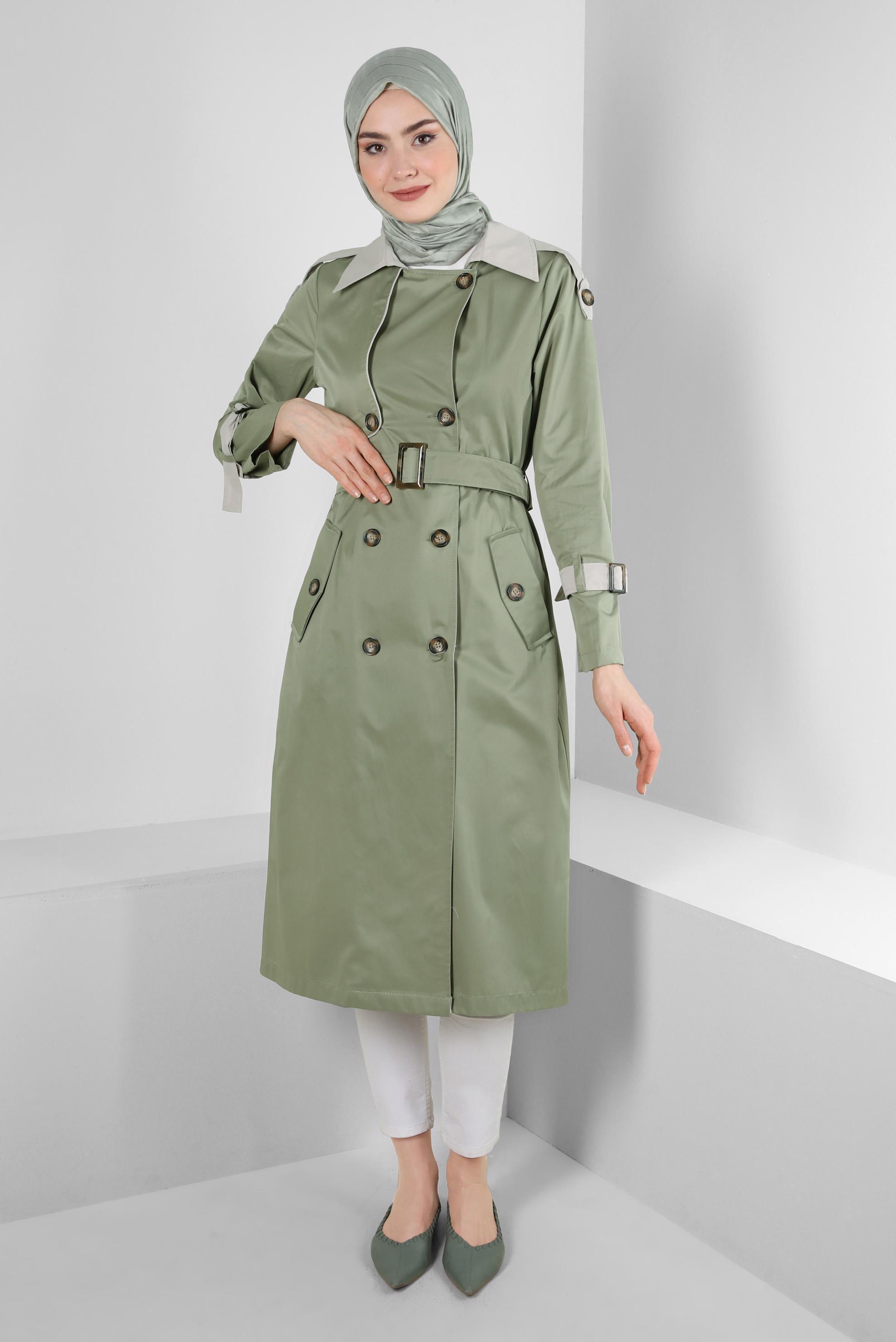 Tesettür giyim HAKİ KEMERLİ DÜĞMELİ BANTLI TRENÇKOT 10765