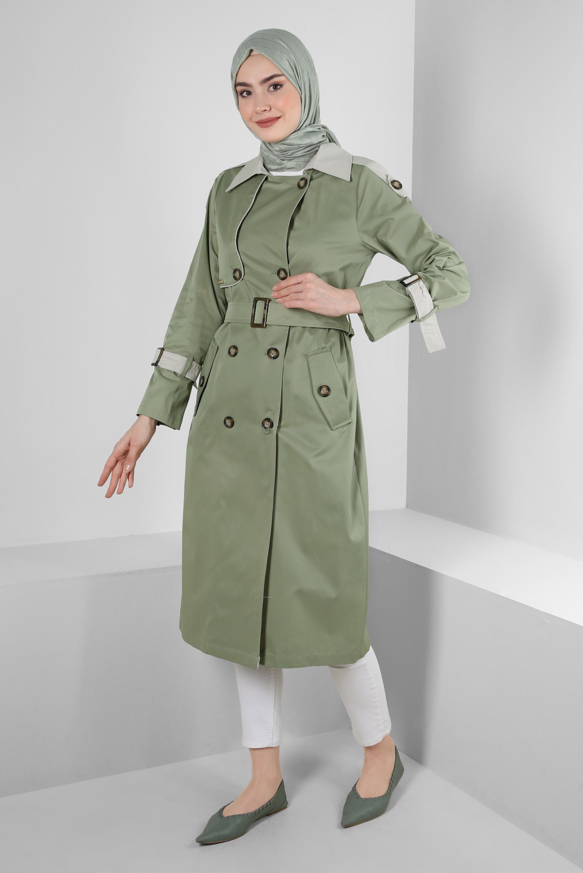 Tesettür giyim HAKİ KEMERLİ DÜĞMELİ BANTLI TRENÇKOT 10765