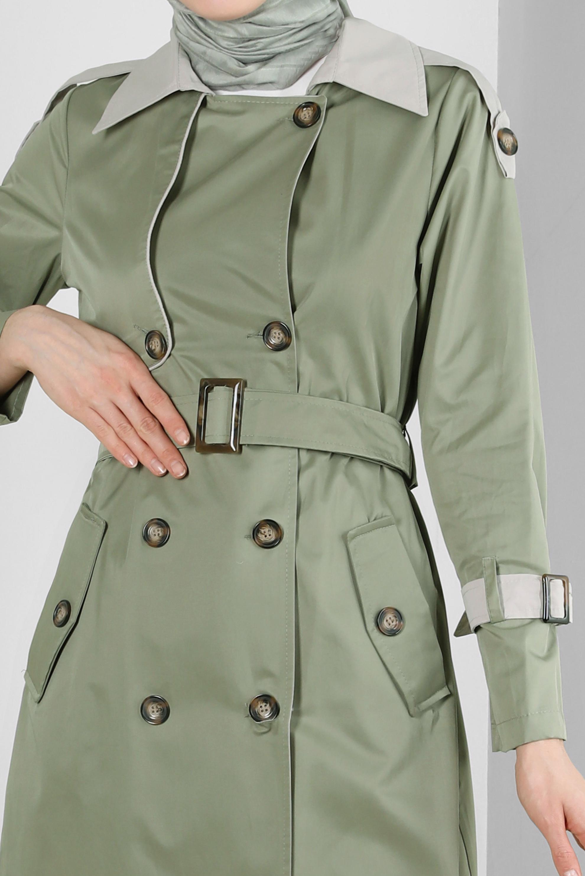 Tesettür giyim HAKİ KEMERLİ DÜĞMELİ BANTLI TRENÇKOT 10765