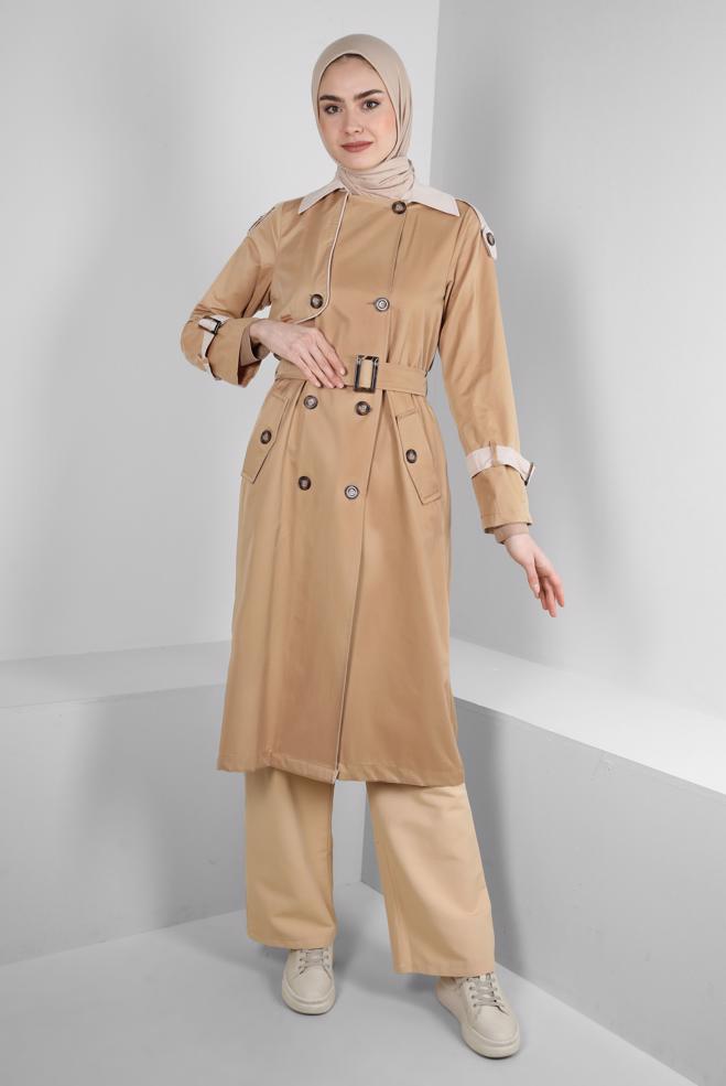 Tesettür giyim  KEMERLİ DÜĞMELİ BANTLI TRENÇKOT 10765 - ALVİNA