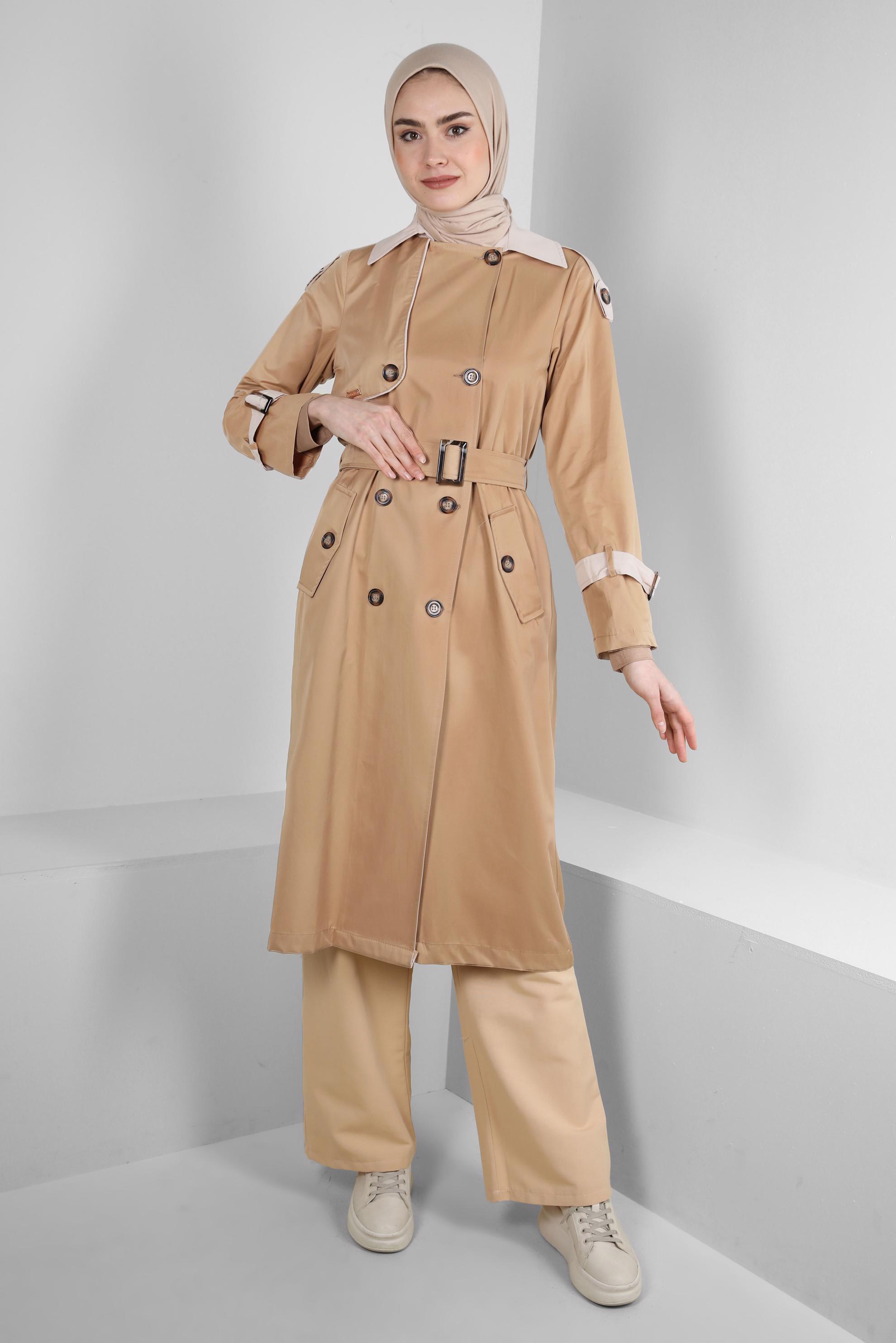 Tesettür giyim KAHVE KEMERLİ DÜĞMELİ BANTLI TRENÇKOT 10765