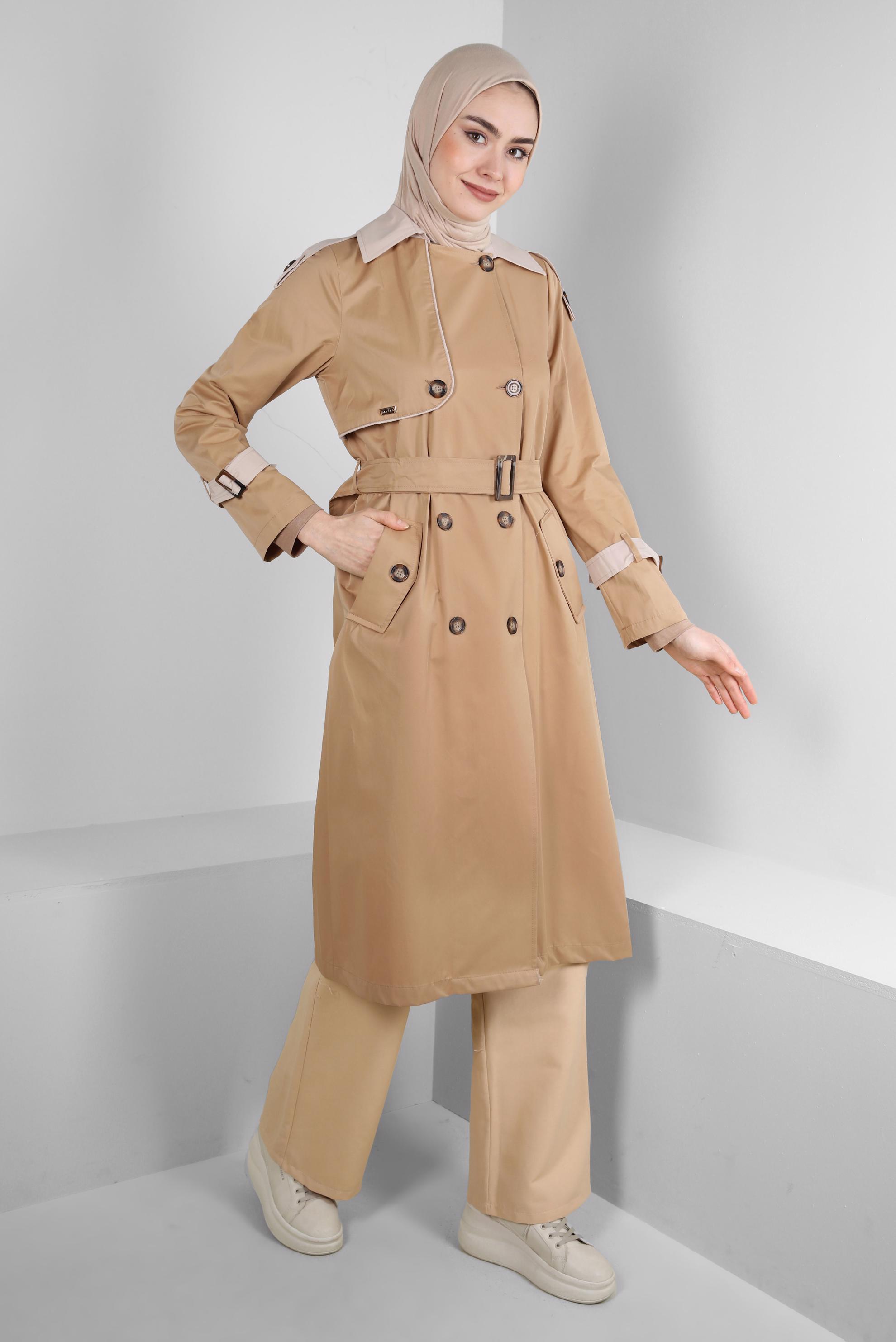 Tesettür giyim KAHVE KEMERLİ DÜĞMELİ BANTLI TRENÇKOT 10765