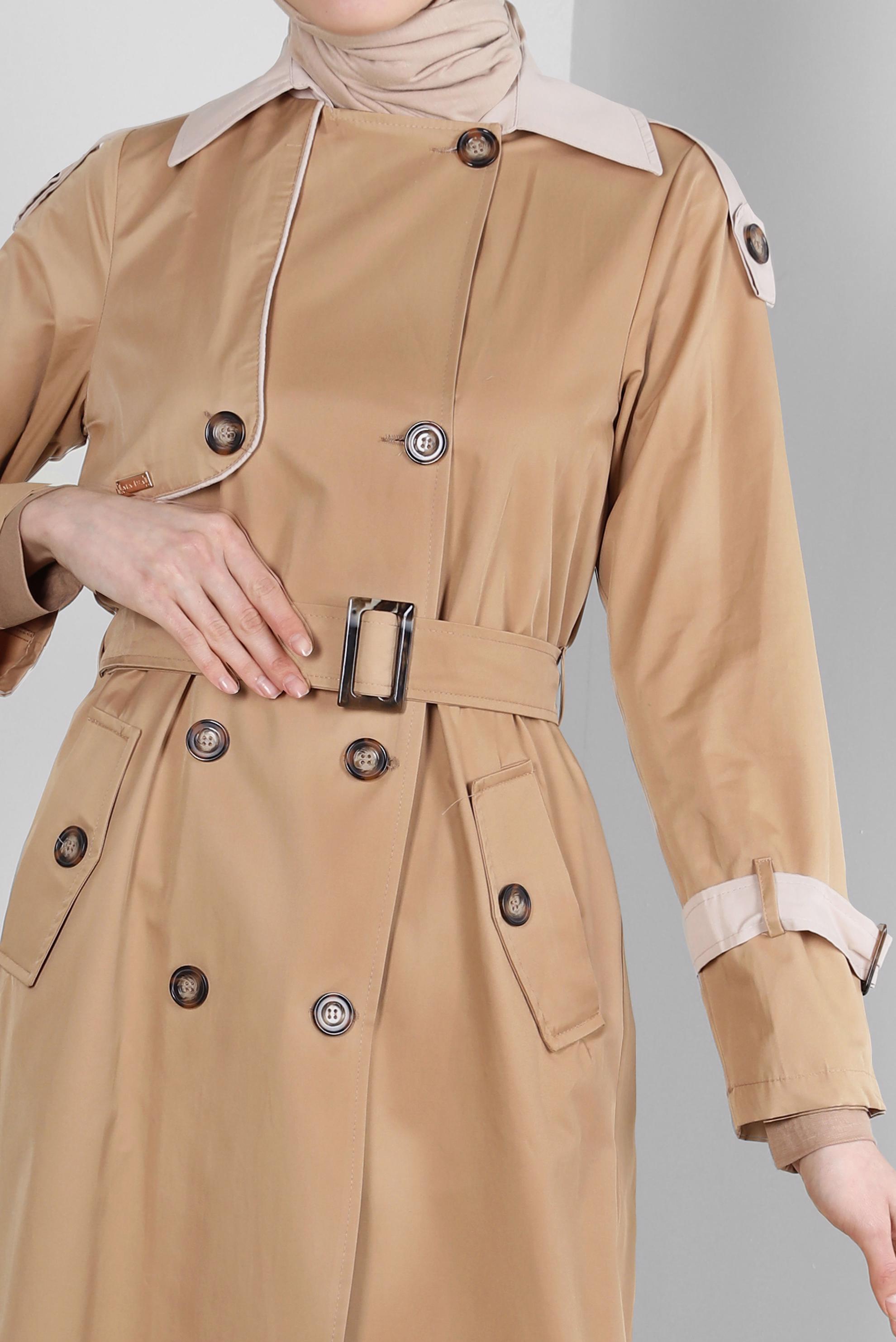 Tesettür giyim KAHVE KEMERLİ DÜĞMELİ BANTLI TRENÇKOT 10765